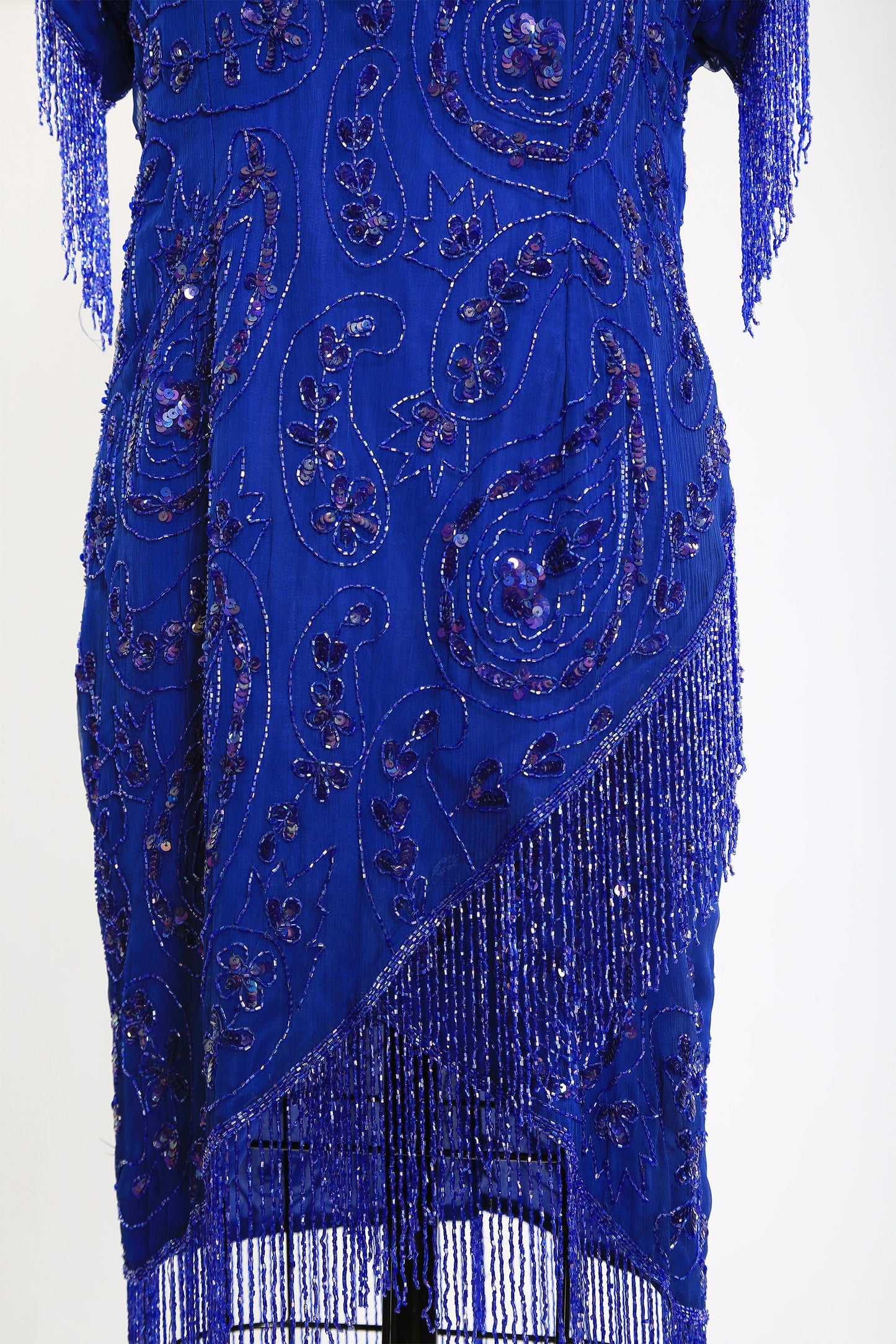 vintage 80s Blue fringe beaded sequin floral paisley silk dress