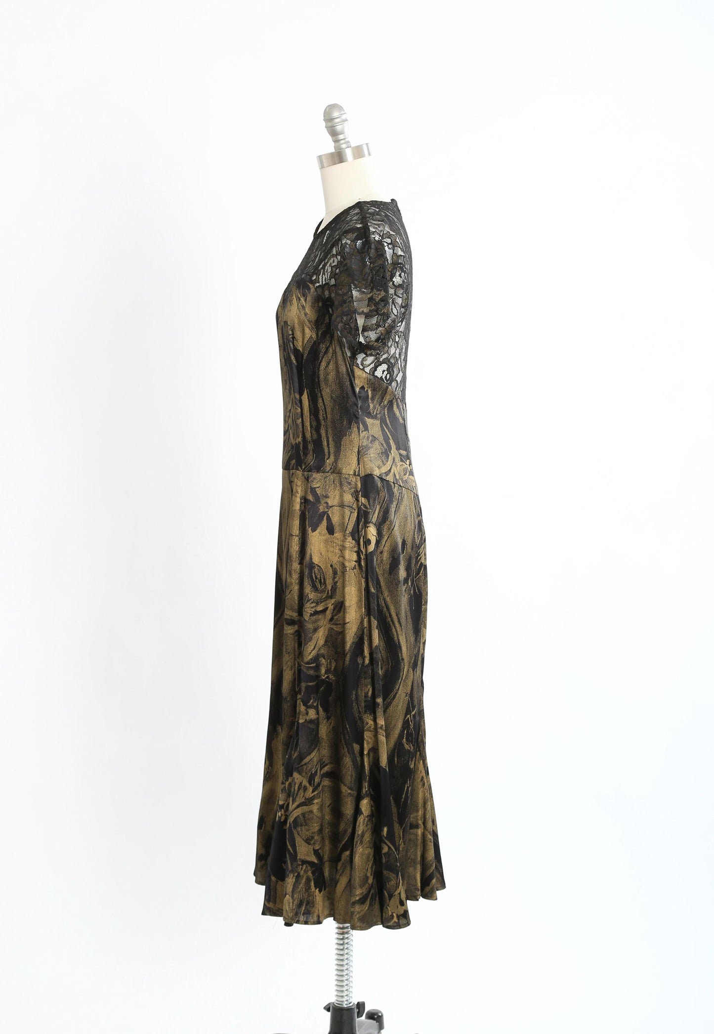 90s Carole Little black gold floral lace maxi dress
