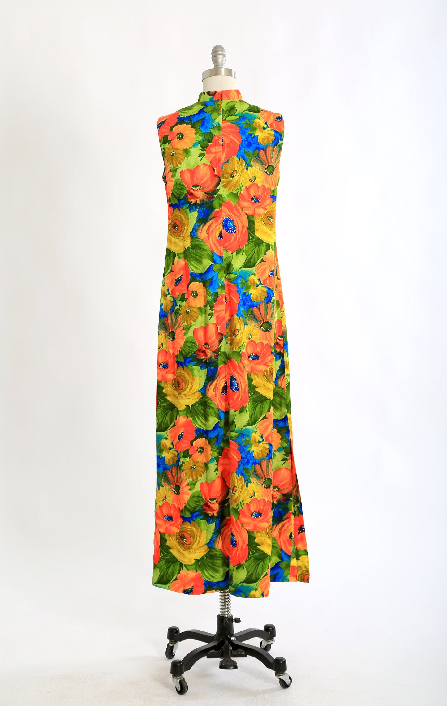Vintage 1960s 70s Neon floral barkcloth maxi dress