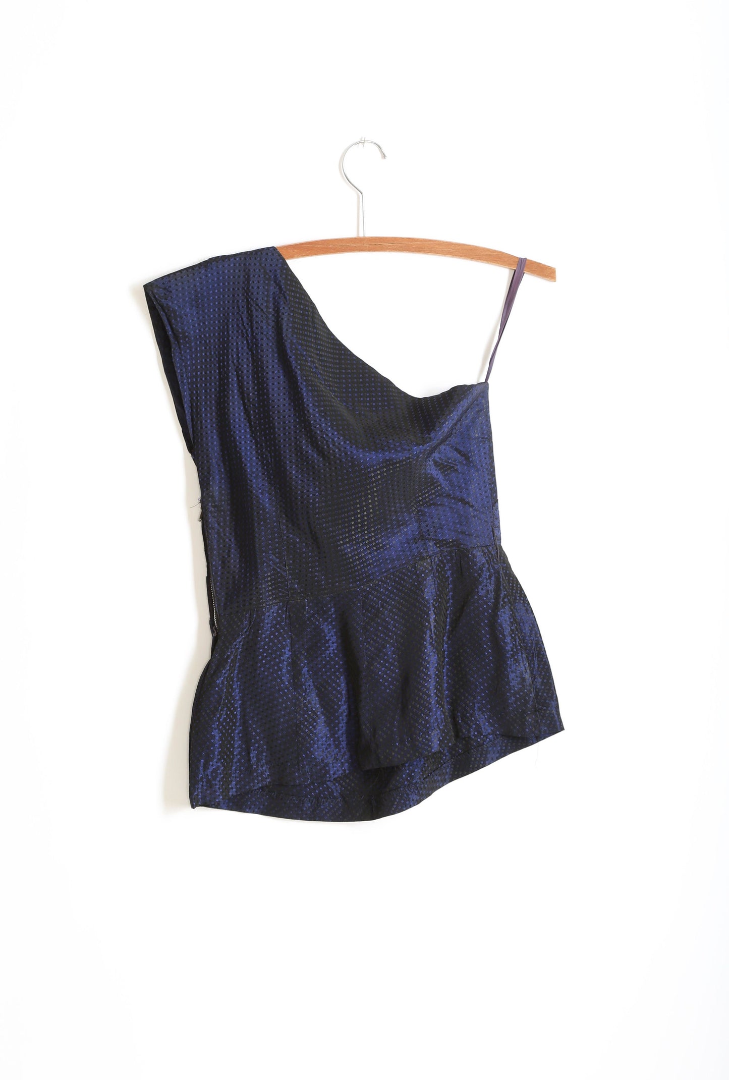 Vintage 1950s blue taffeta beaded one shoulder blouse