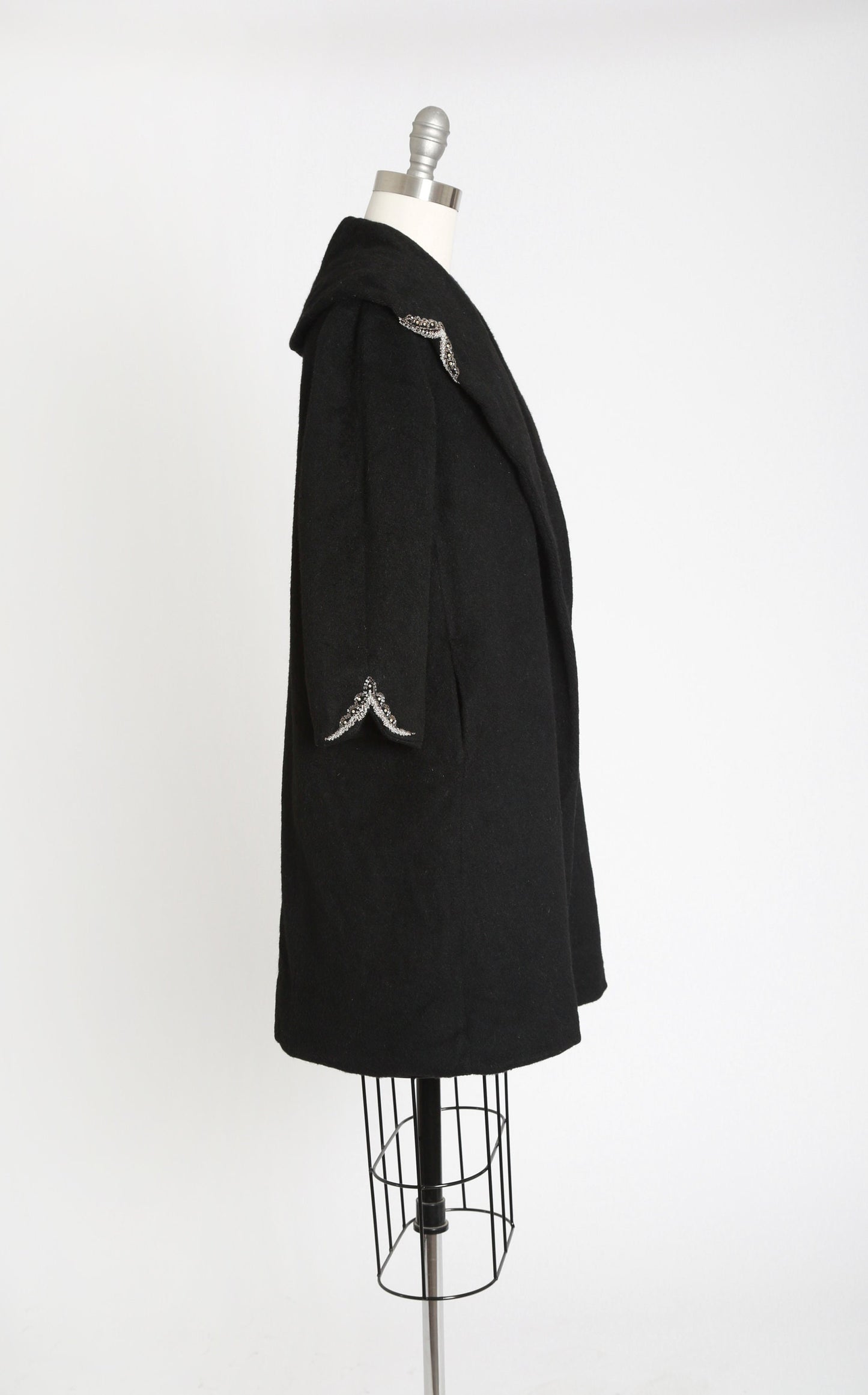40s beaded coat | Vintage 40s black mohair wool coat | 1940s hand beaded swing coat