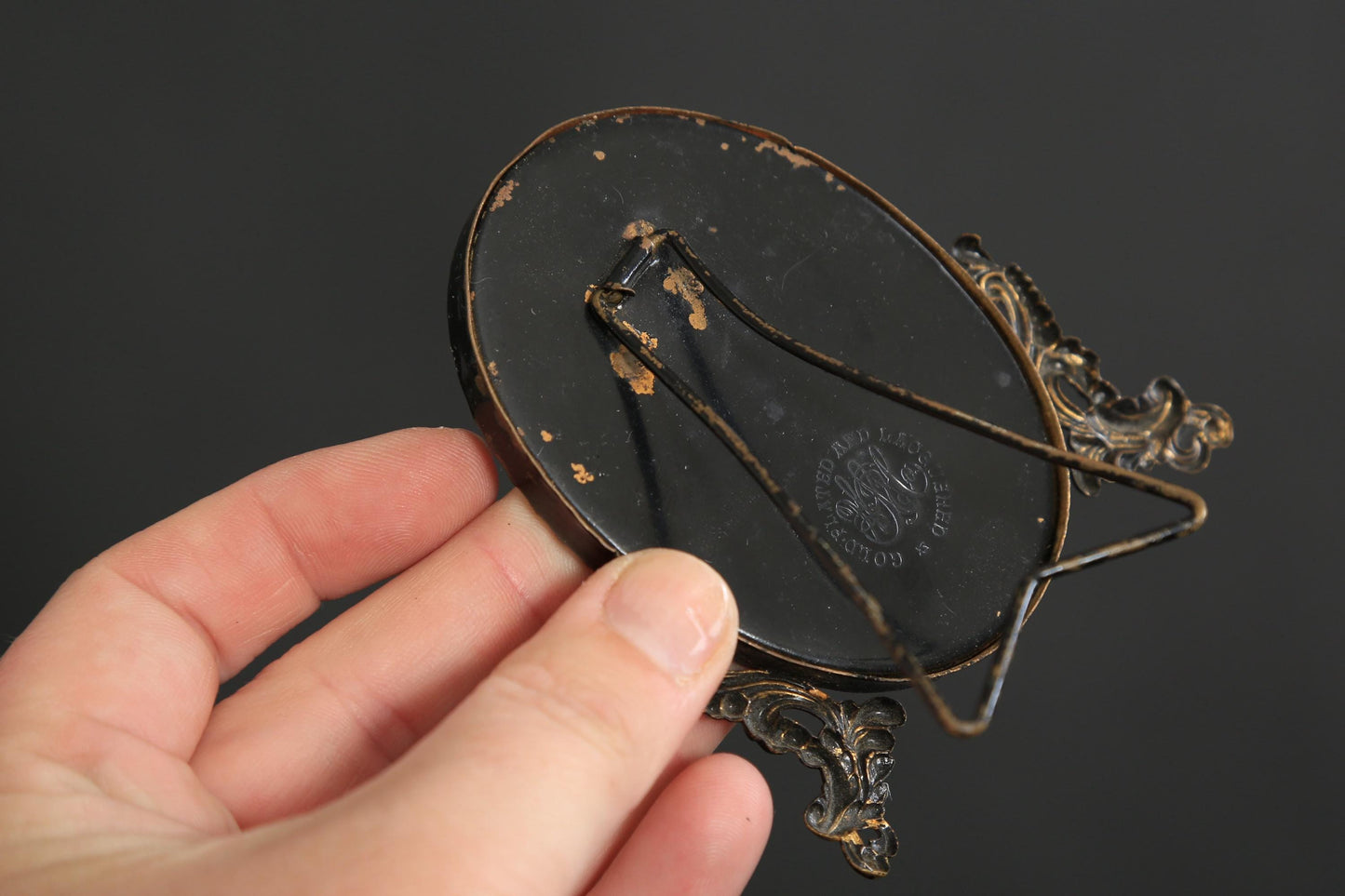 Antique Vintage 19th Century gold plated oval miniature glass Picture Frame easel
