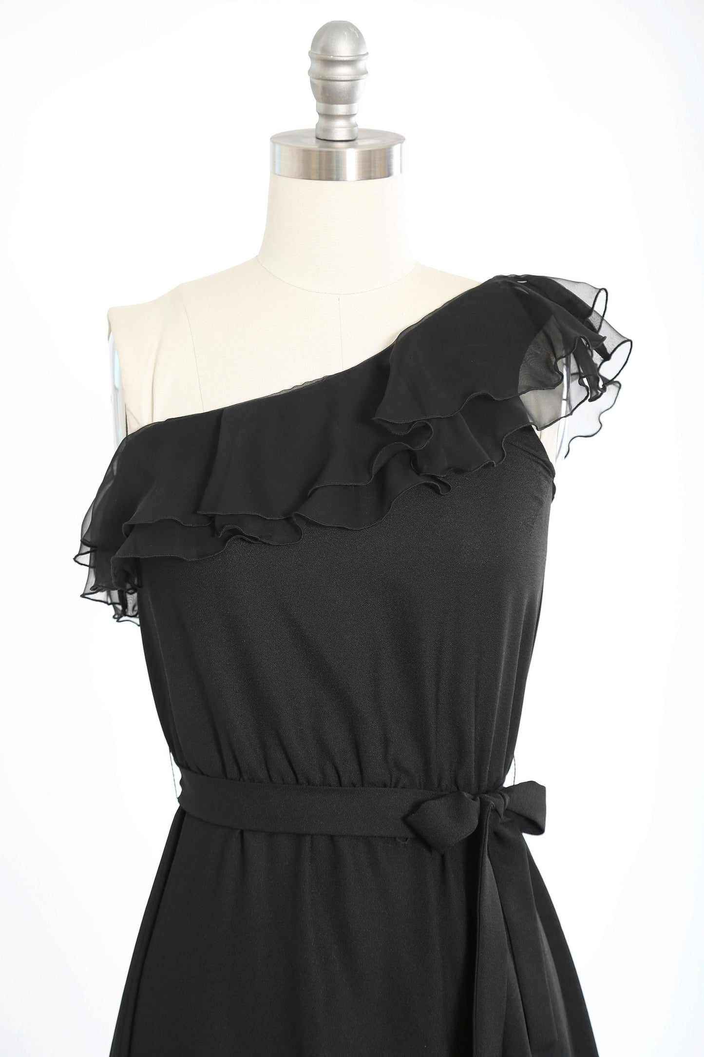 Vintage 70s one shoulder black ruffle mini dress
