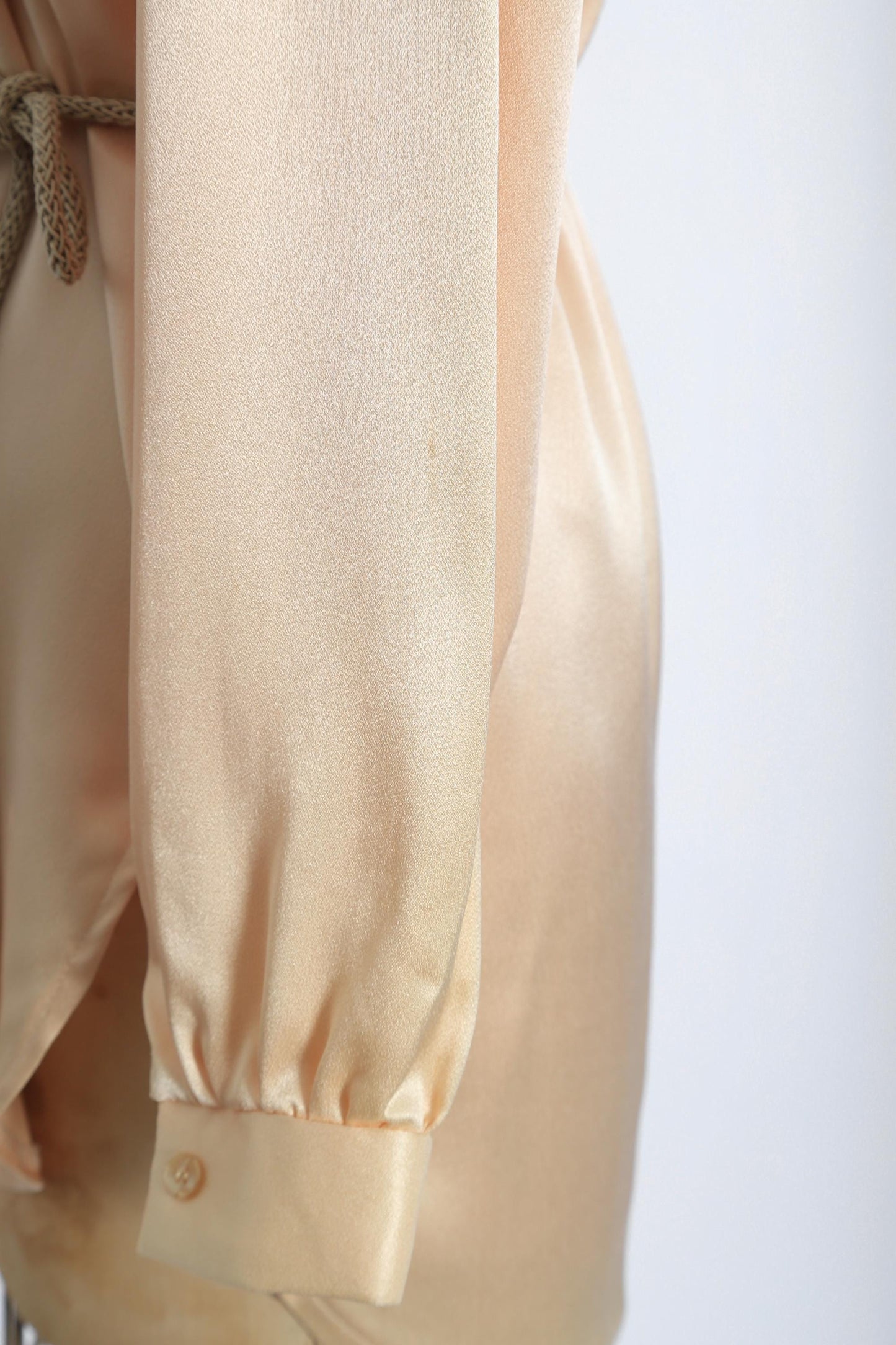 70s Fritzi belted Tuxedo blouse | Vintage 1970s Peach satin ruffle tuxedo top