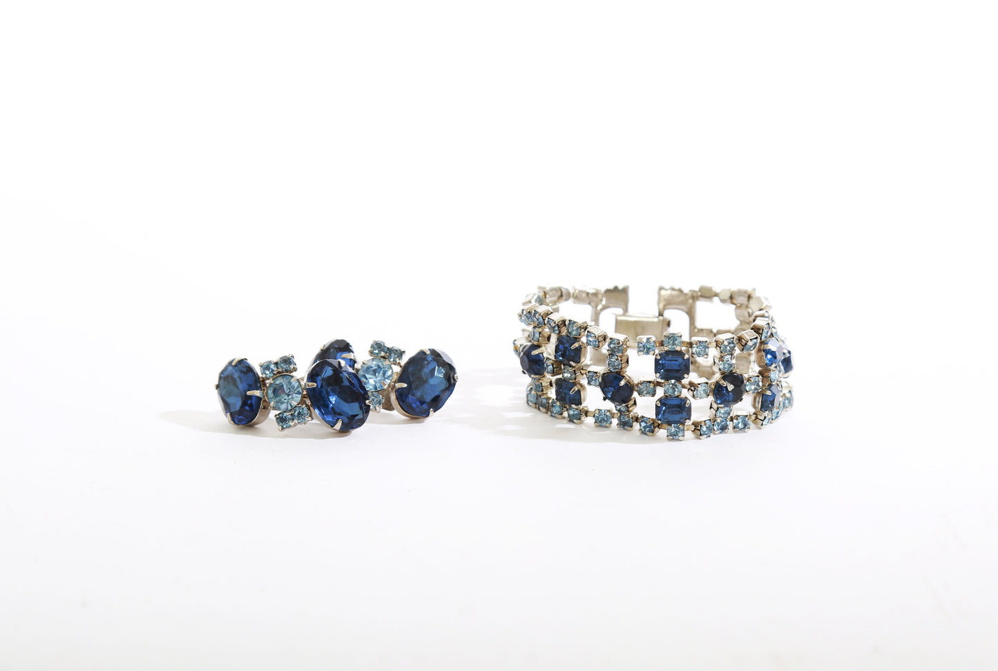 Vintage 50s blue glass rhinestone bracelet + earrings