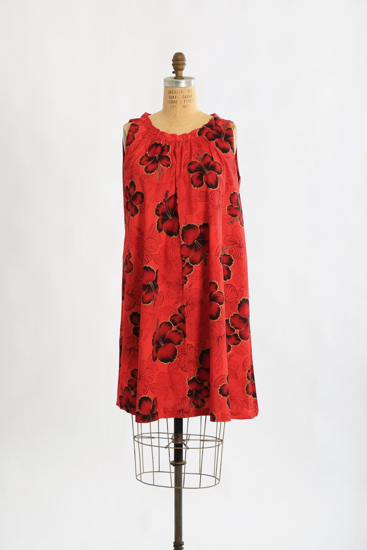 Vintage 1960s deadstock Red tropical hand painted Hibiscus dress