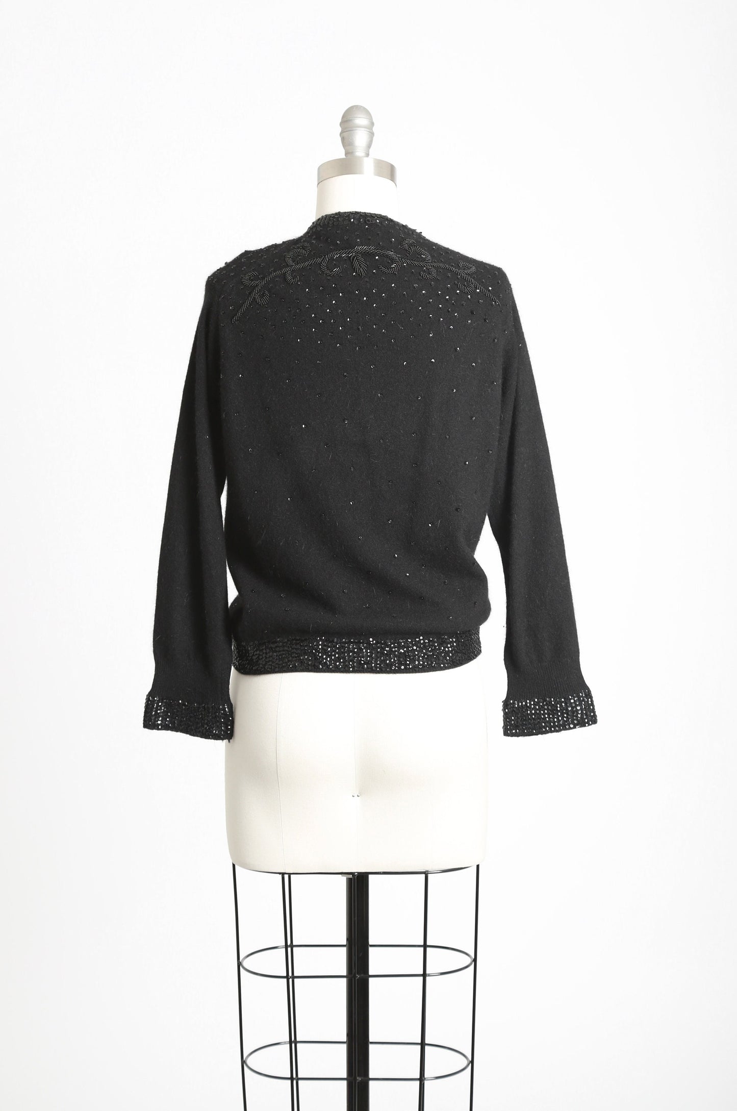 Sequin lambswool cardigan | Vintage 50s black sequin knit cardigan | 1950s Cyn Less angora beaded sweater
