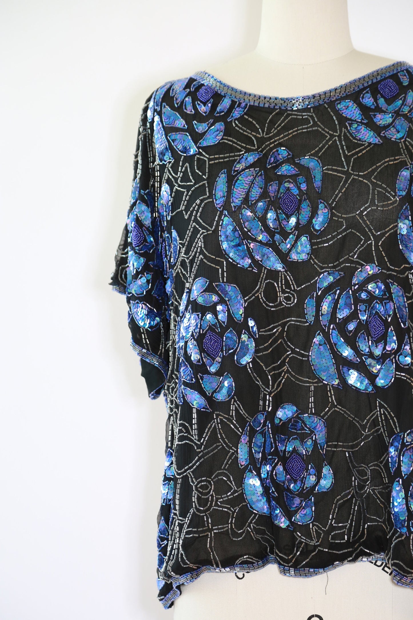 Vintage 80s beaded sequin silk rose blouse M