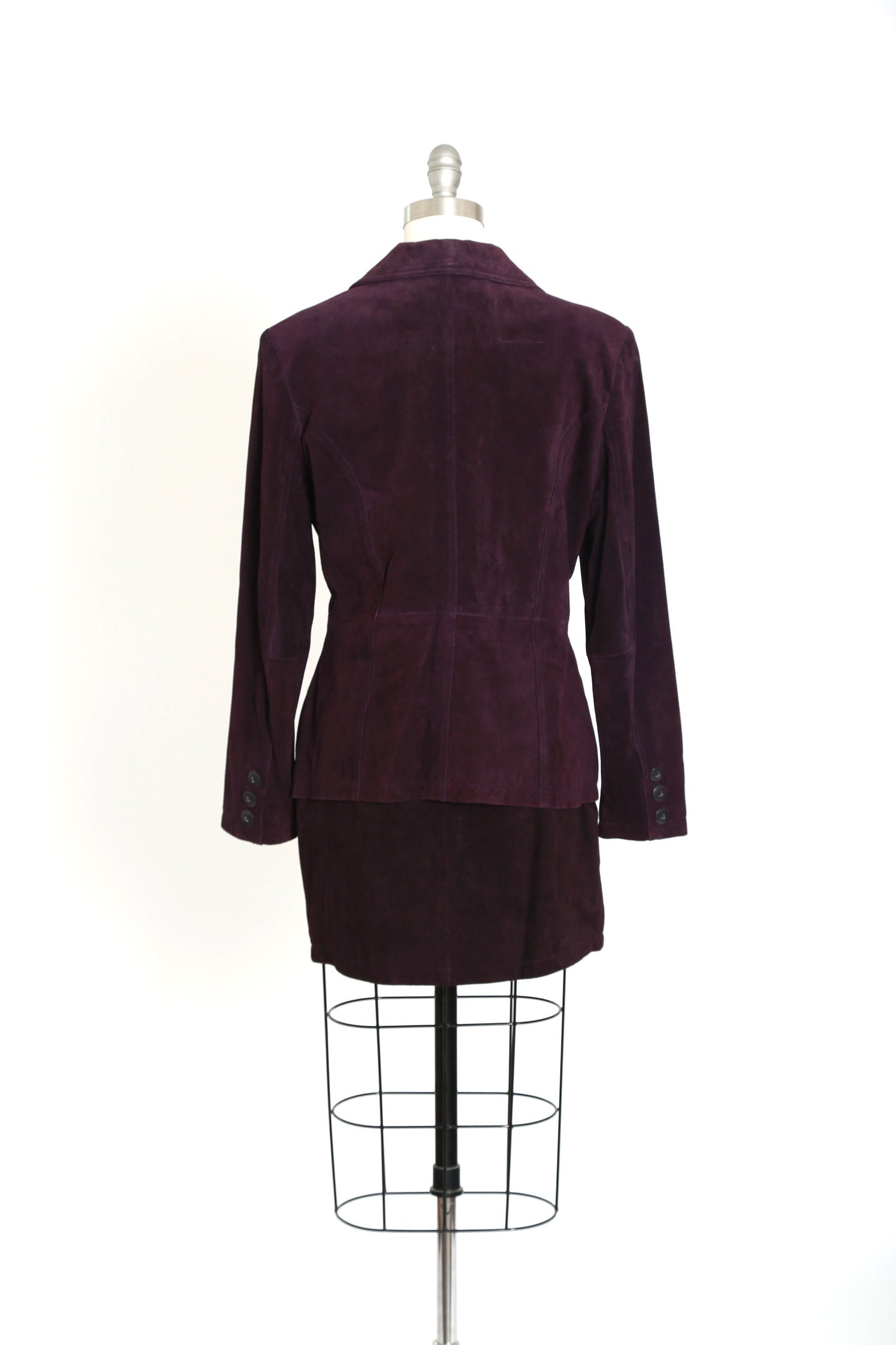 90s Wilsons purple leather suit | Vintage 1990s Wilsons deadstock suede leather jacket mini skirt