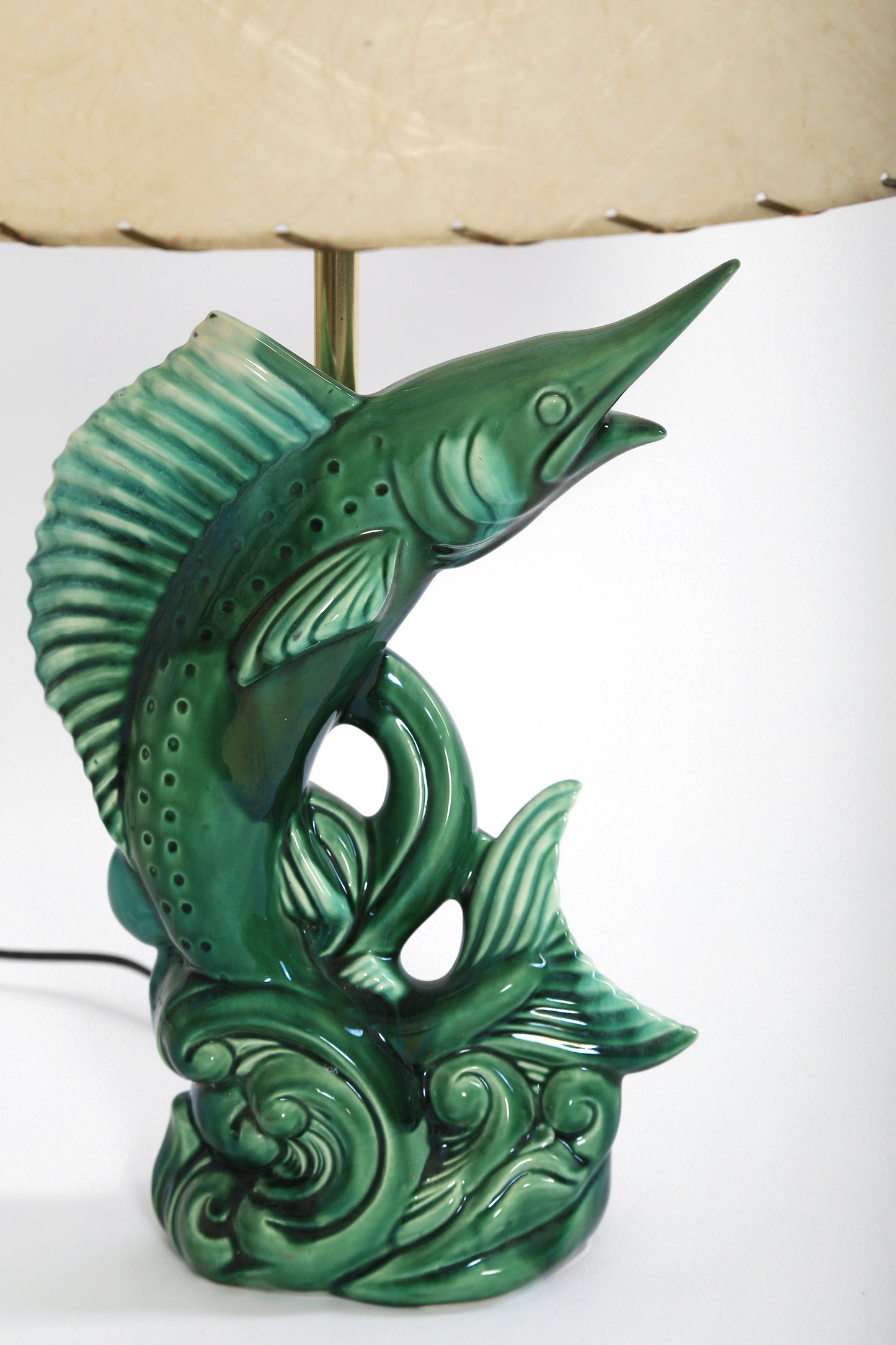 Vintage 1950s Mid Century Modern ceramic Marlin fish lamp + Fiberglass shade