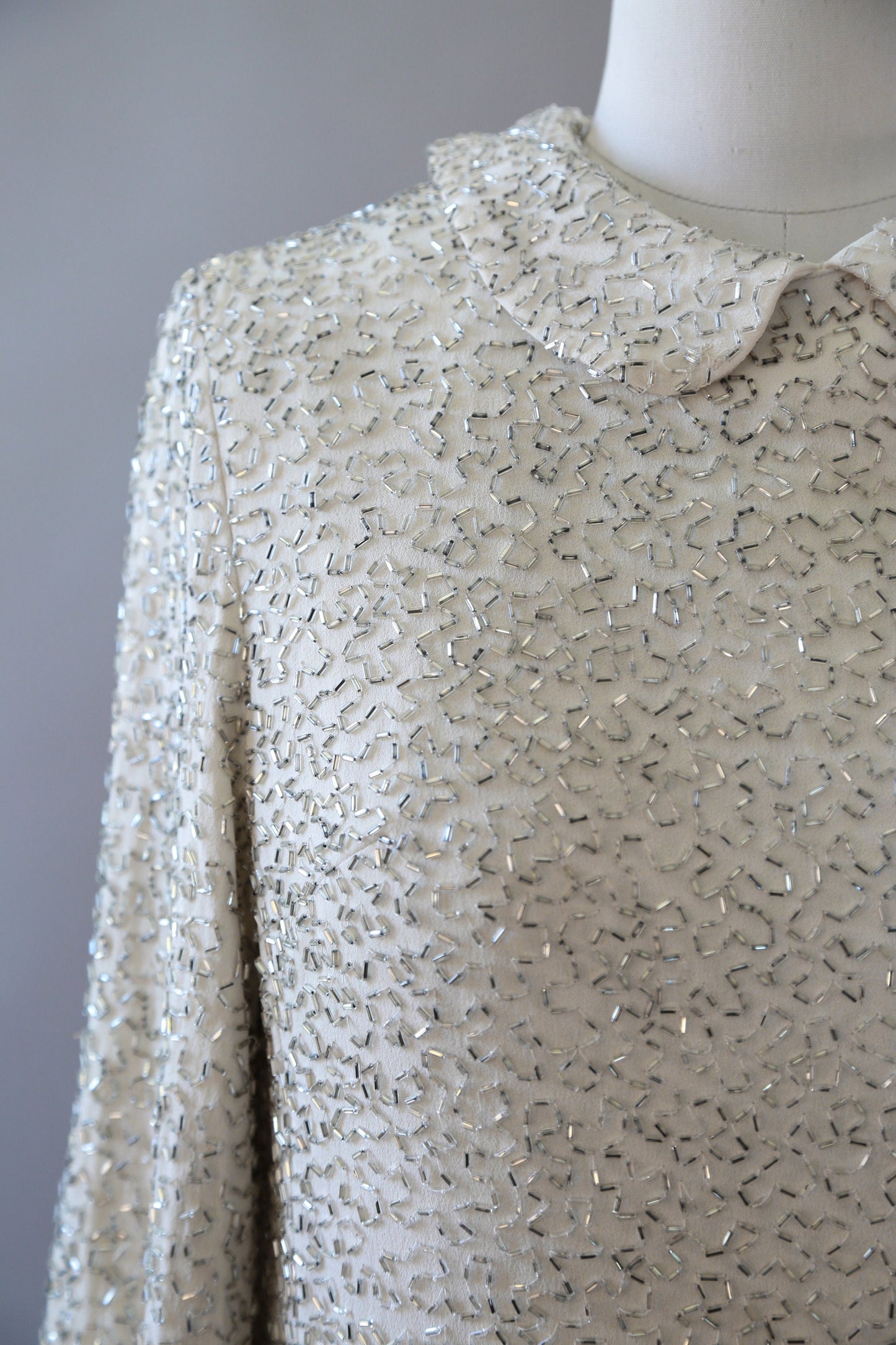 60s Couture beaded dress | Vintage 1960s Glam Heavily silver Beaded white Mod Couture Dress