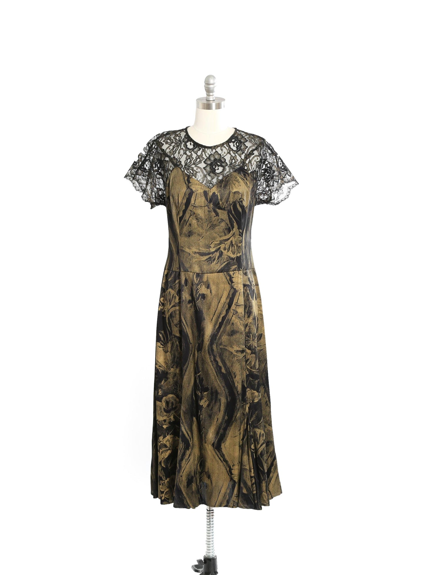 90s Carole Little black gold floral lace maxi dress