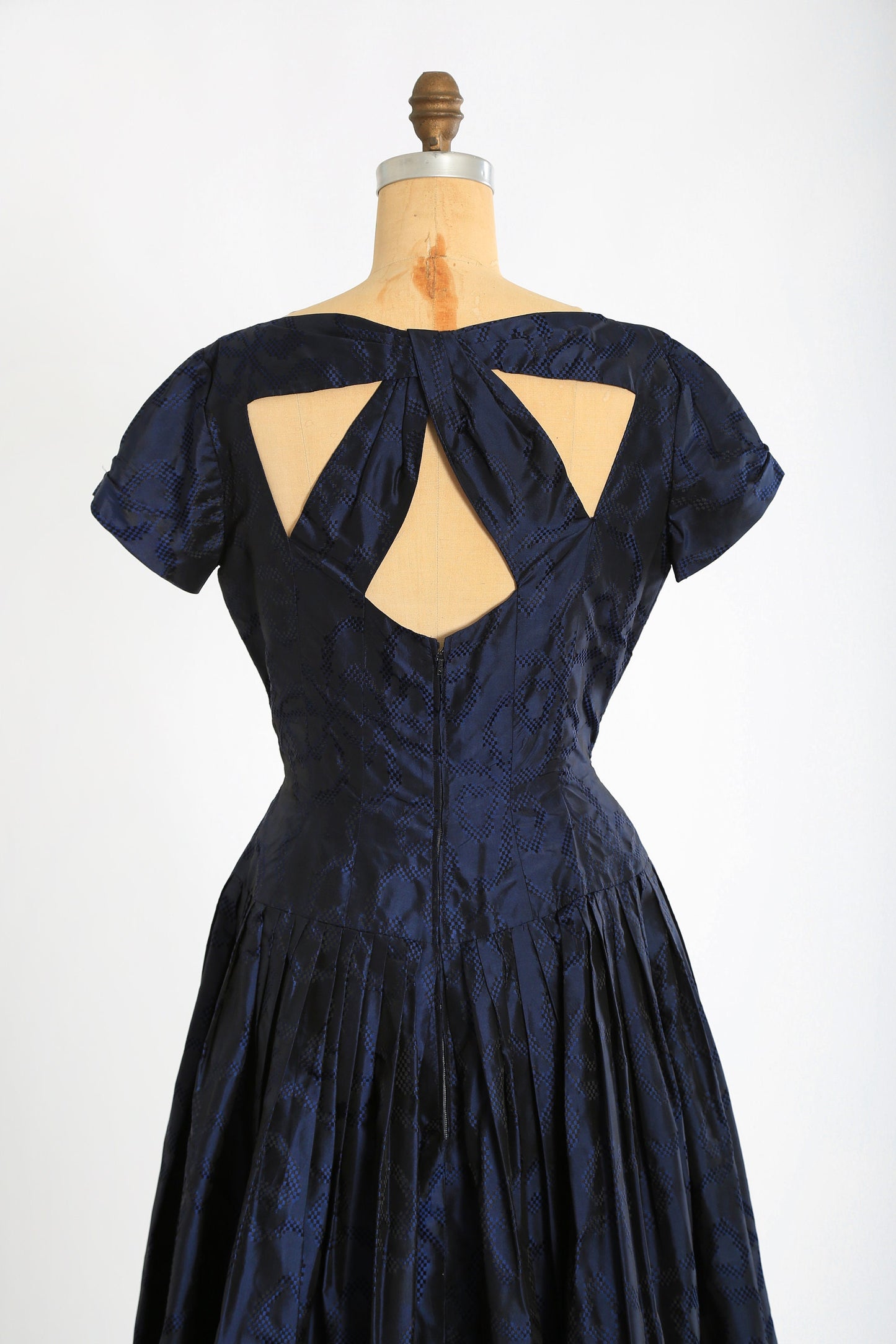 Vintage 50s Neiman Marcus blue silk taffeta bow open back cocktail dress
