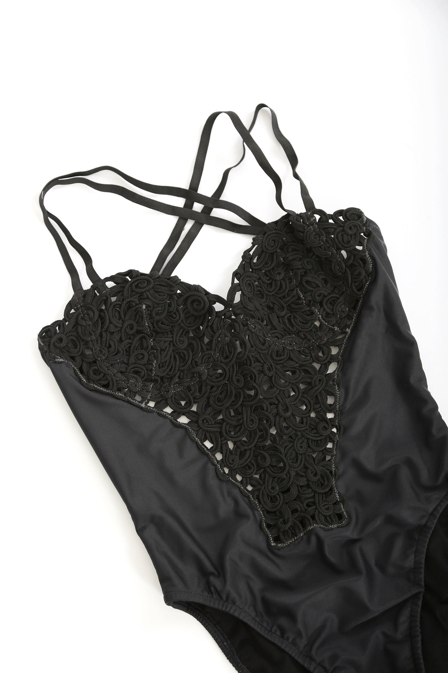 90s black embroidered rope one-piece swimsuit made in Spain