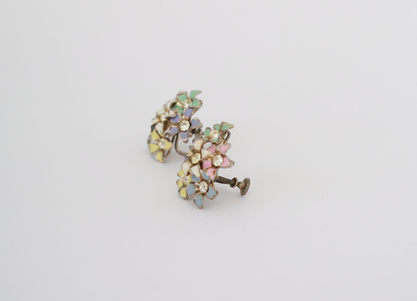 60s pastel rhinestone floral screw back earrings