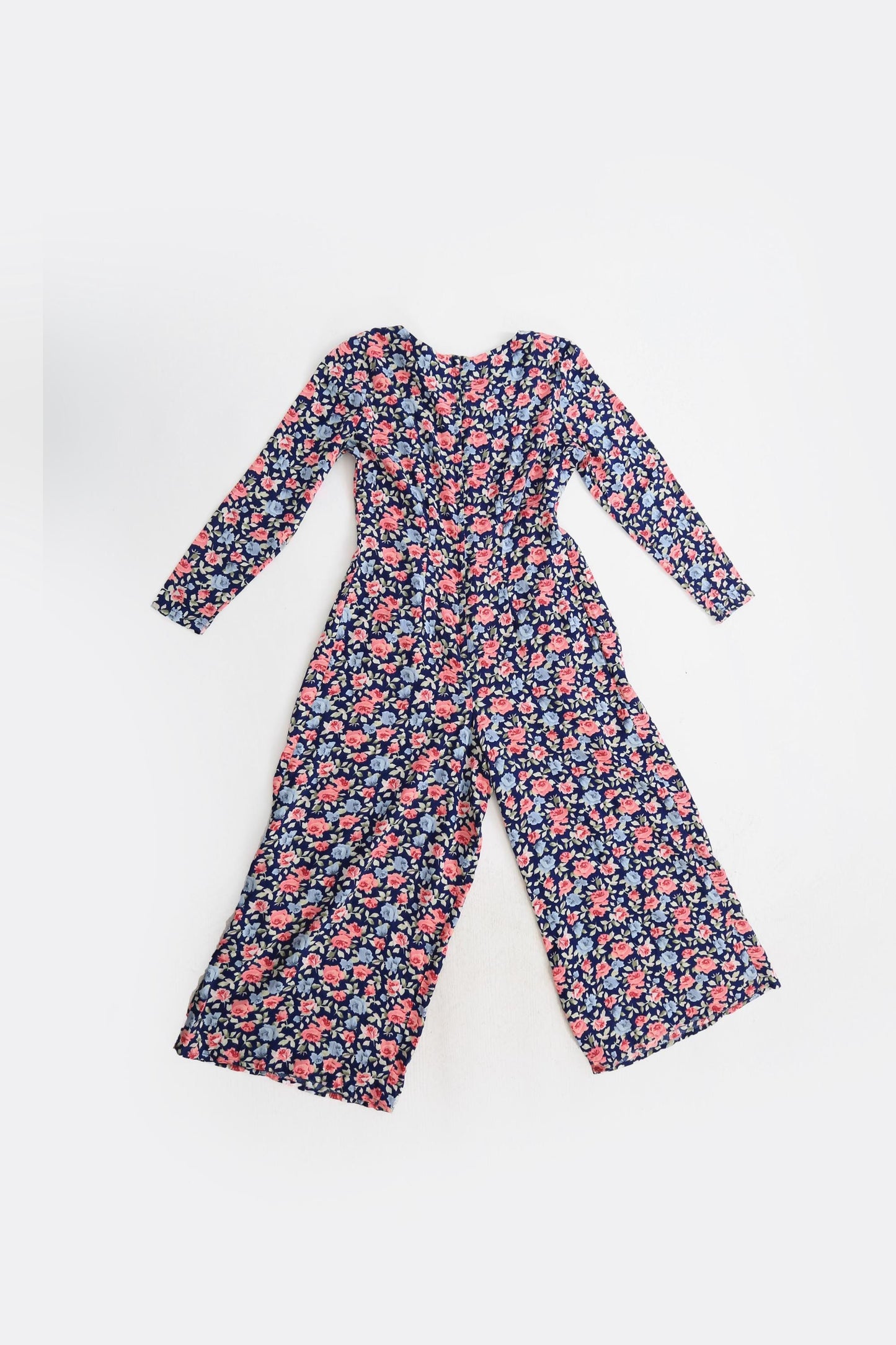 90s Navy blue floral rayon long sleeve jumpsuit