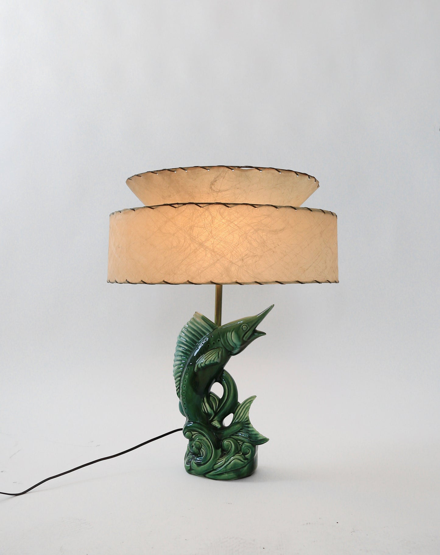 Vintage 1950s Mid Century Modern ceramic Marlin fish lamp + Fiberglass shade
