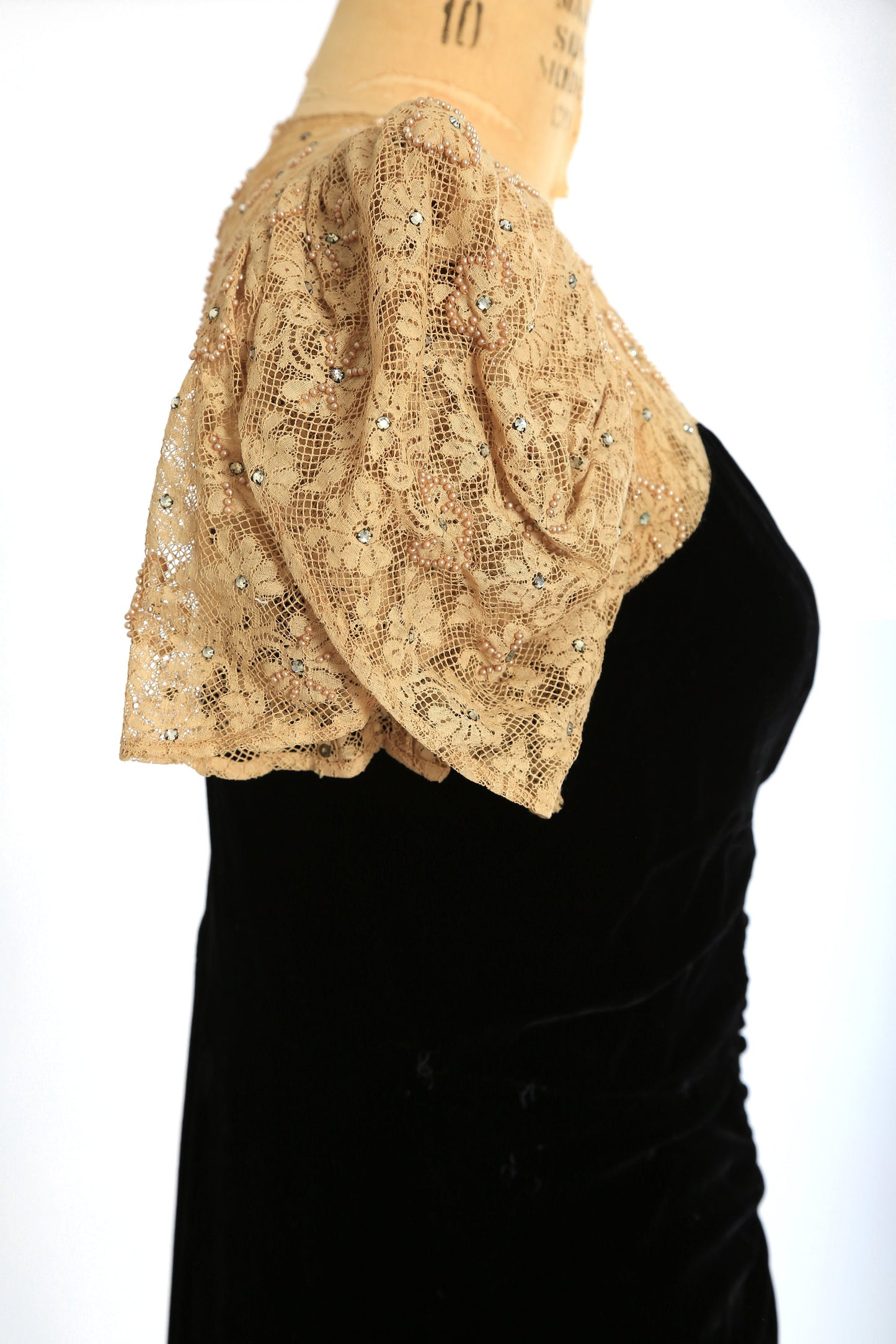 Antique Vintage 1930s black velvet floral rhinestone lace dress