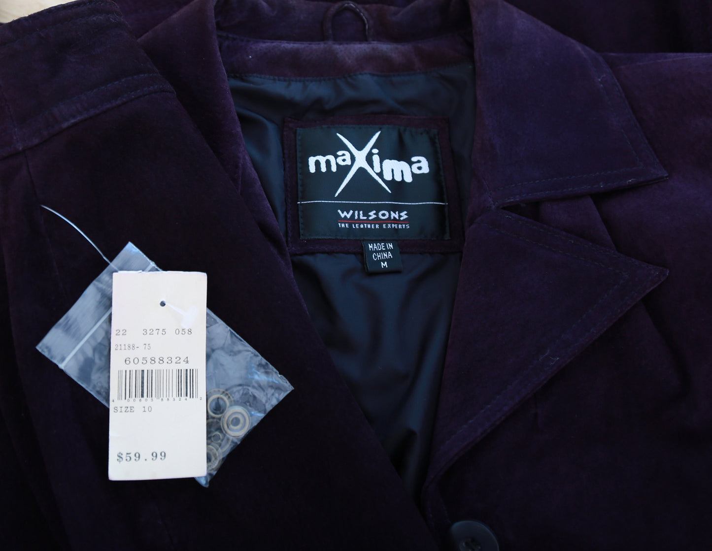 90s Wilsons purple leather suit | Vintage 1990s Wilsons deadstock suede leather jacket mini skirt