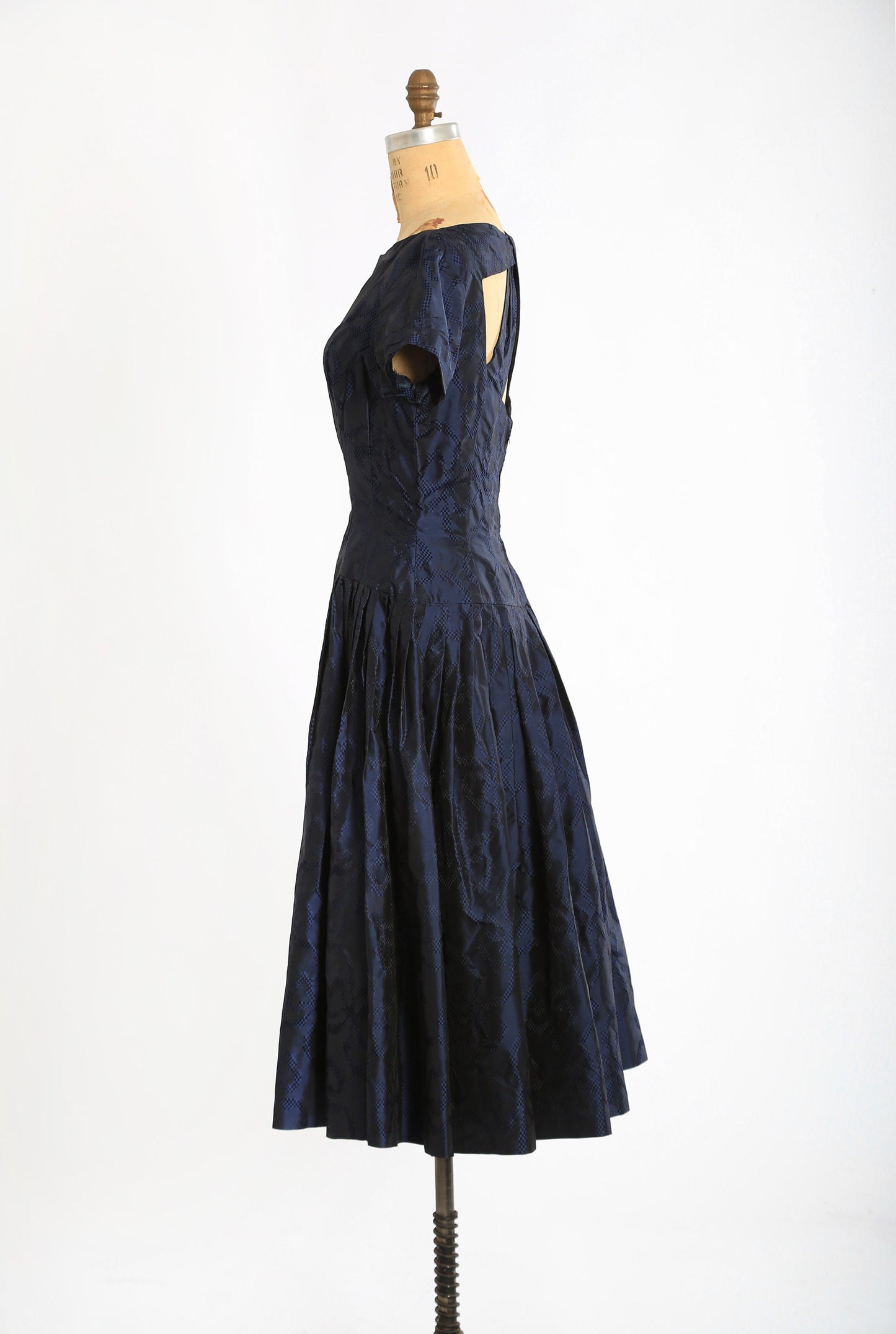 Vintage 50s Neiman Marcus blue silk taffeta bow open back cocktail dress