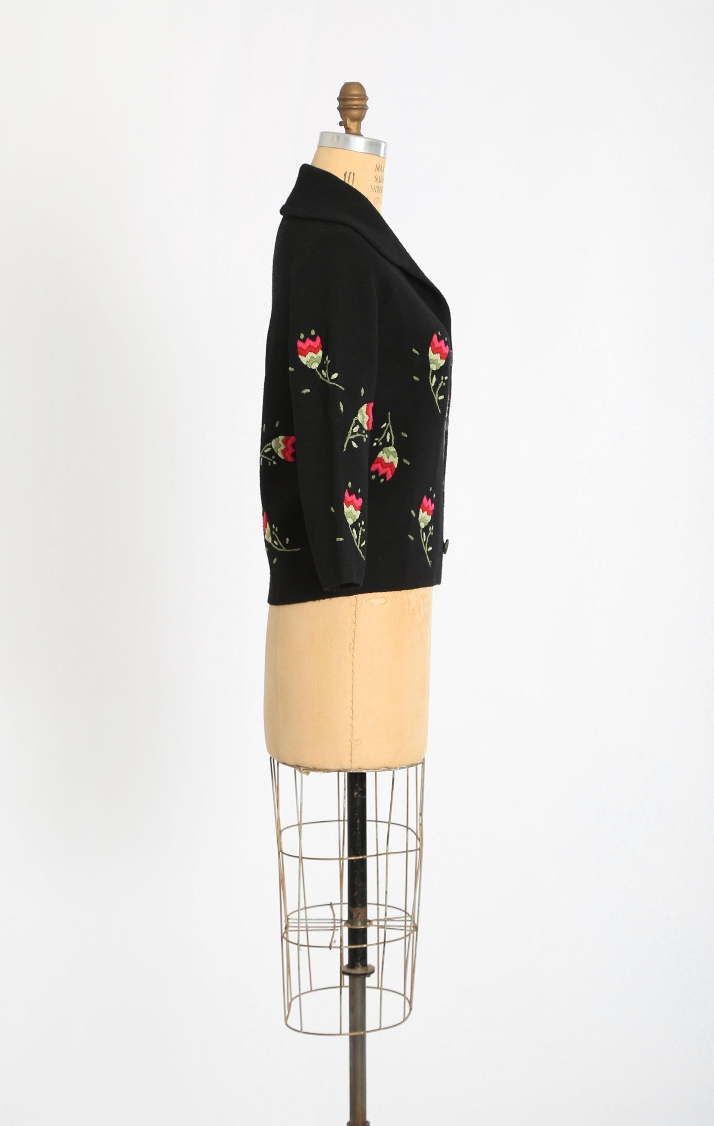 60s Italian black floral knit cardigan | Vintage 1960s Embroidered floral tulip cardigan