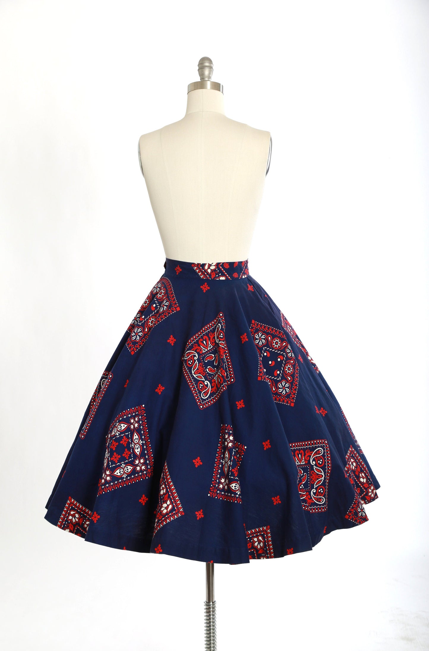 Vintage 1950s I. Magnin red, white & blue bandana print cotton circle skirt