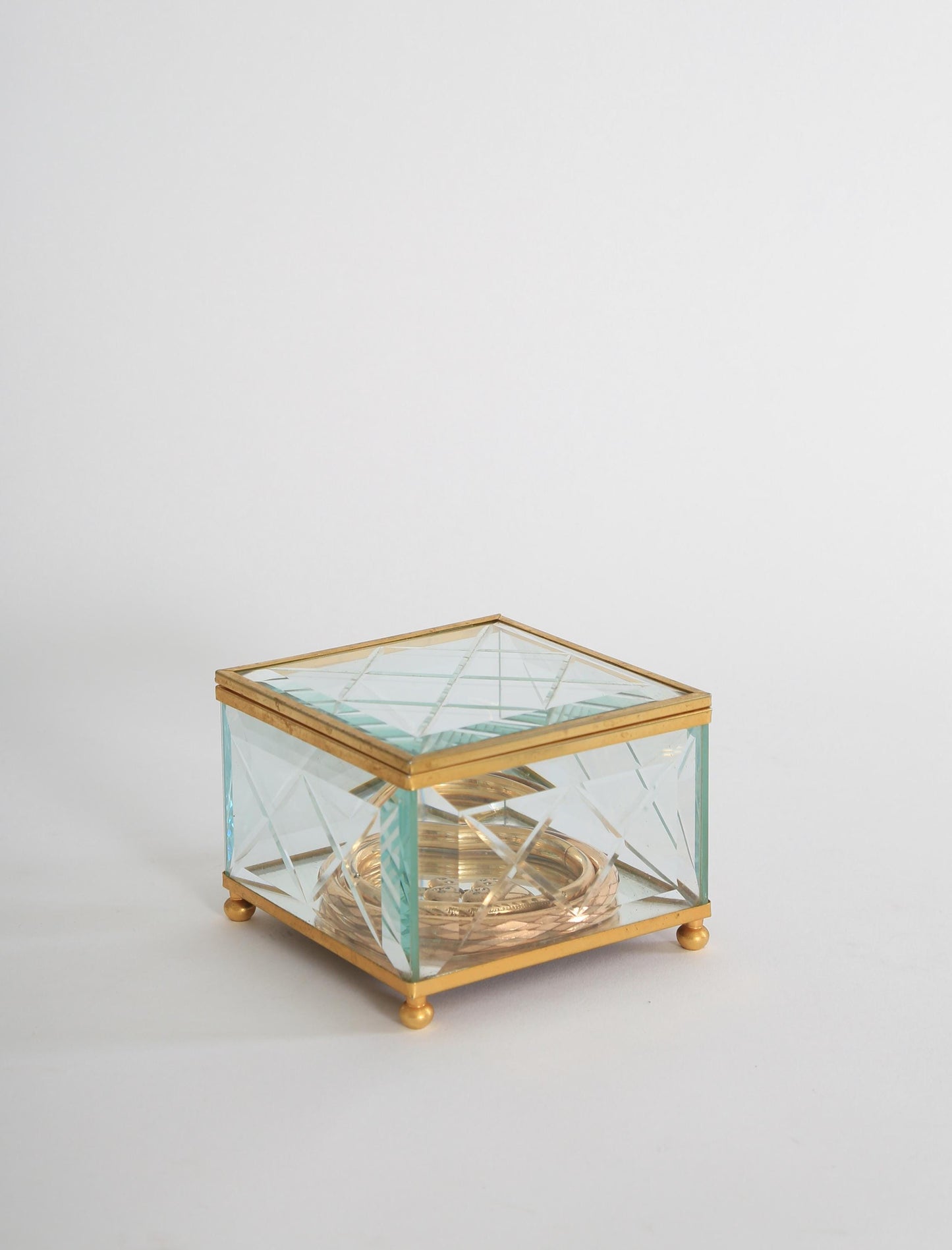 Vintage cut glass brass Jewelry Casket Box