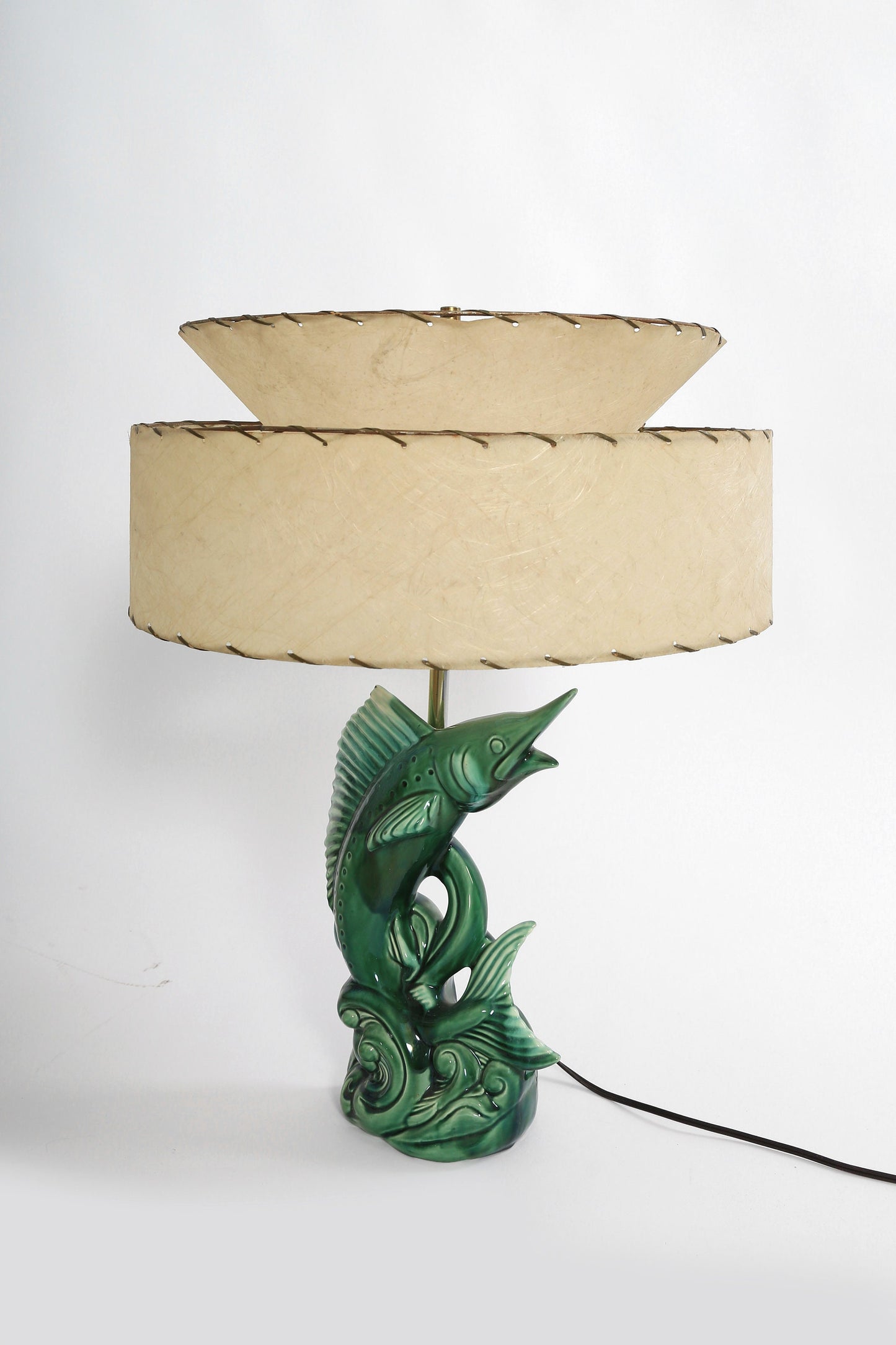 Vintage 1950s Mid Century Modern ceramic Marlin fish lamp + Fiberglass shade