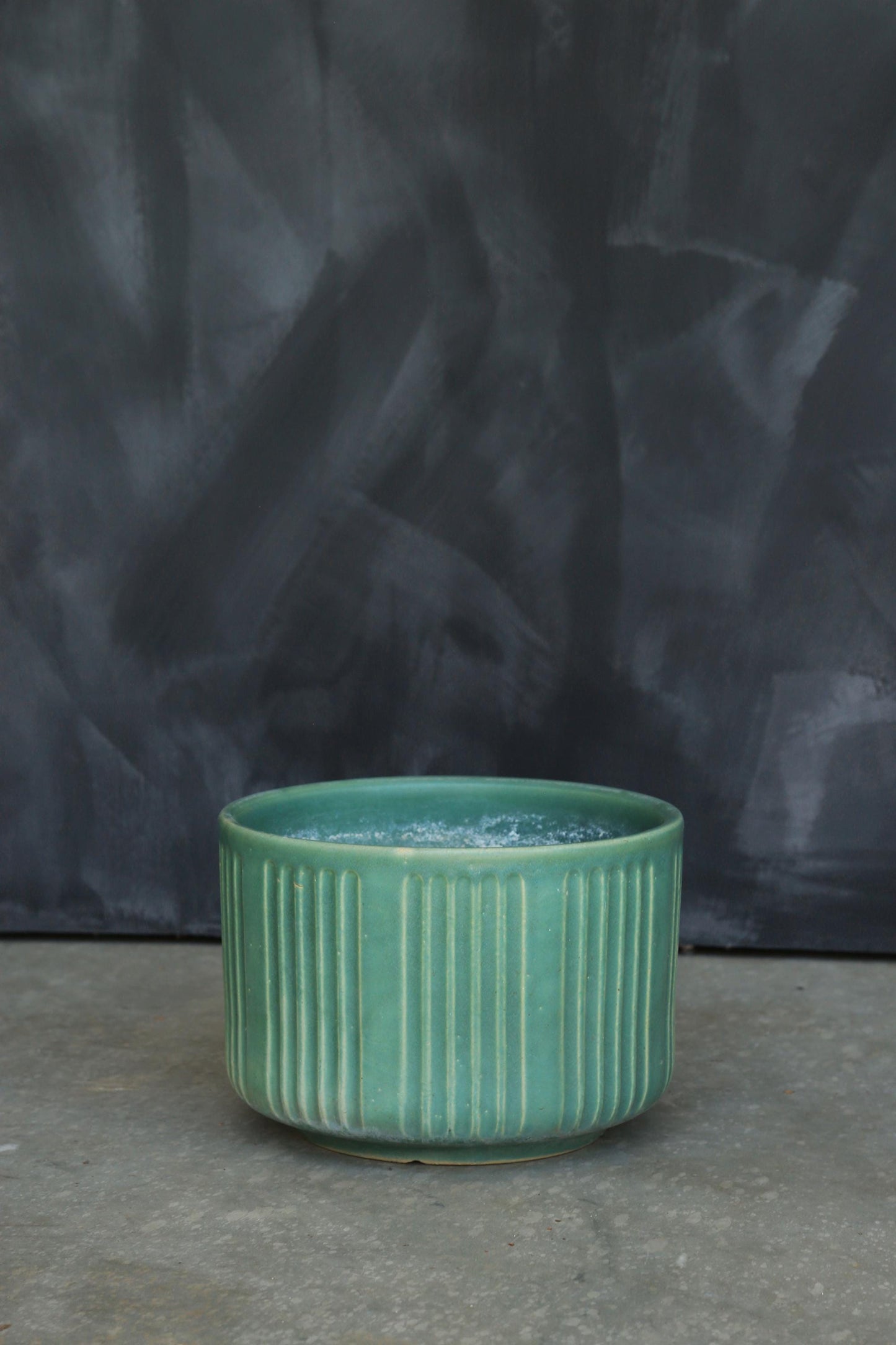 Vintage Mid Century Modern matte green ribbed California pottery ceramic planter pot