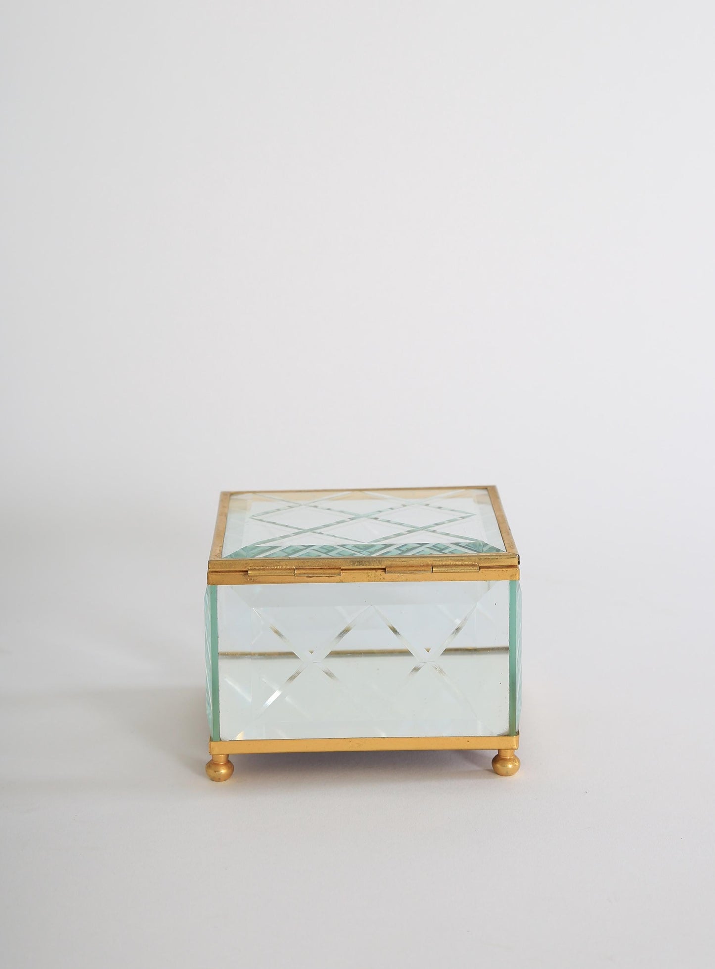 Vintage cut glass brass Jewelry Casket Box