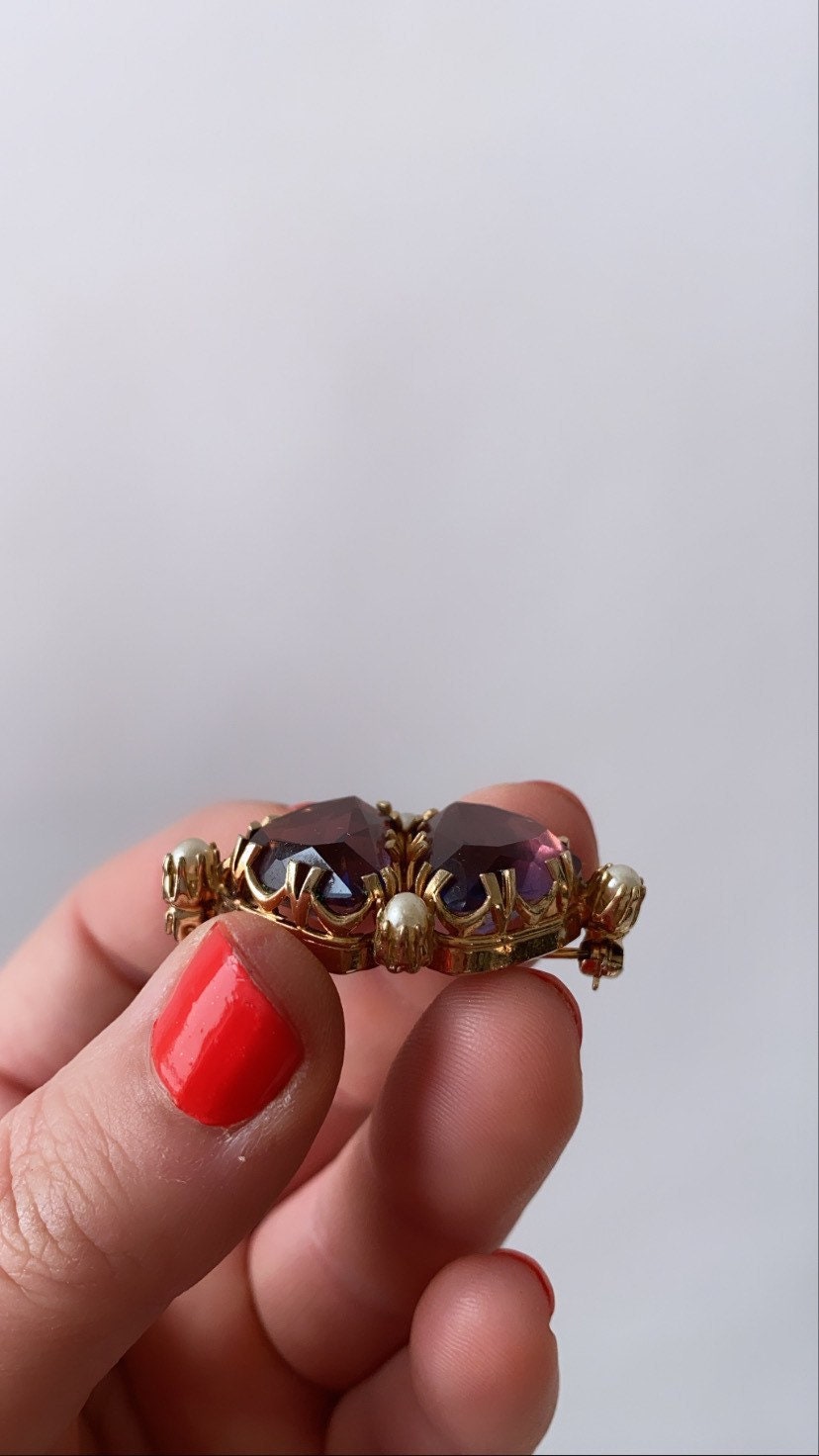 Amethyst gold brooch | Antique vintage Edwardian large Amethyst 9k gold seed pearl brooch