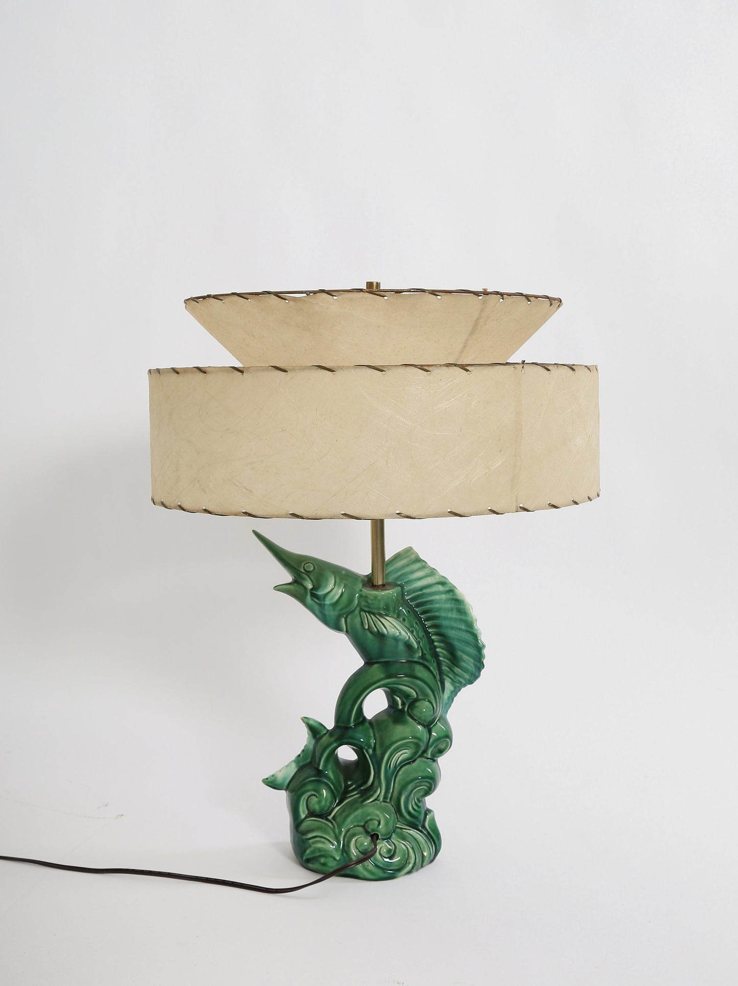 Vintage 1950s Mid Century Modern ceramic Marlin fish lamp + Fiberglass shade