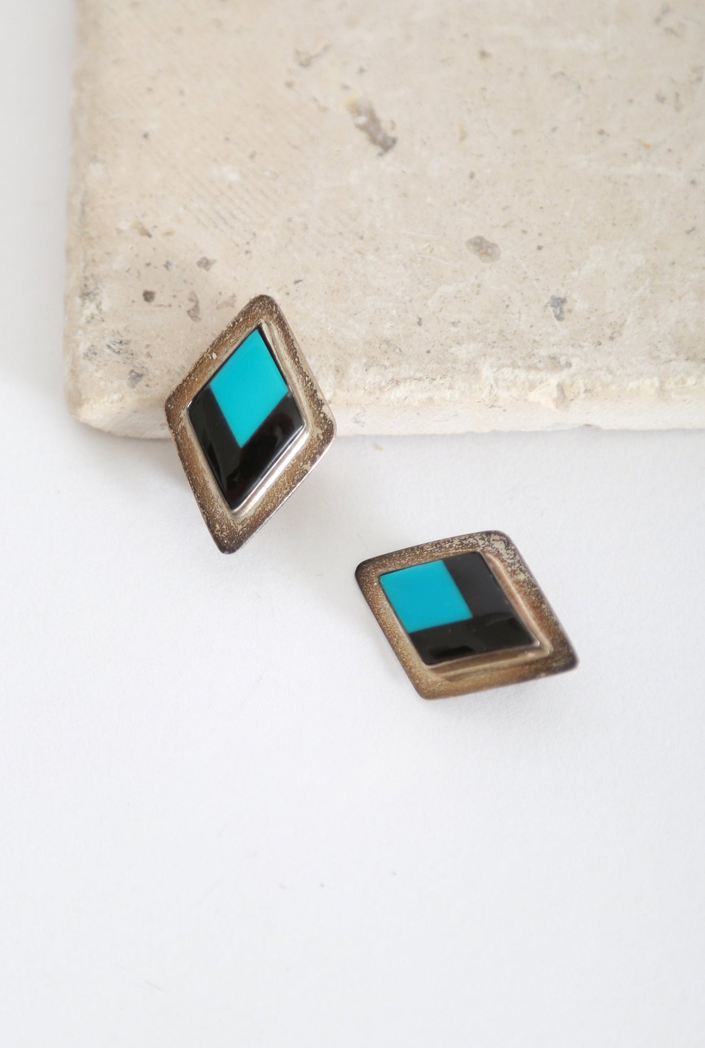 Vintage Sterling Silver Turquoise Onyx Mexican diamond clip on earrings