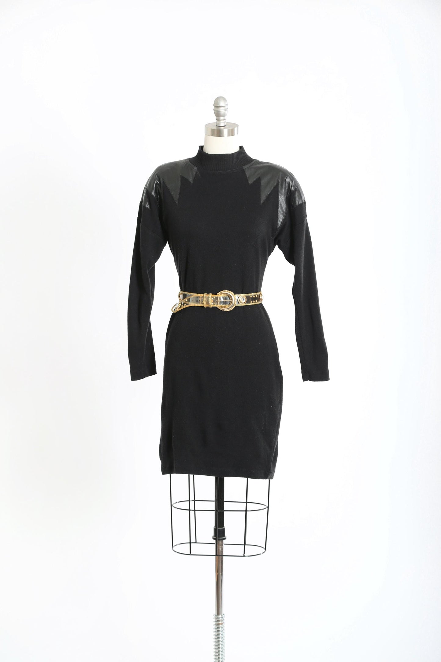Vintage 80s black knit faux leather bodycon dress