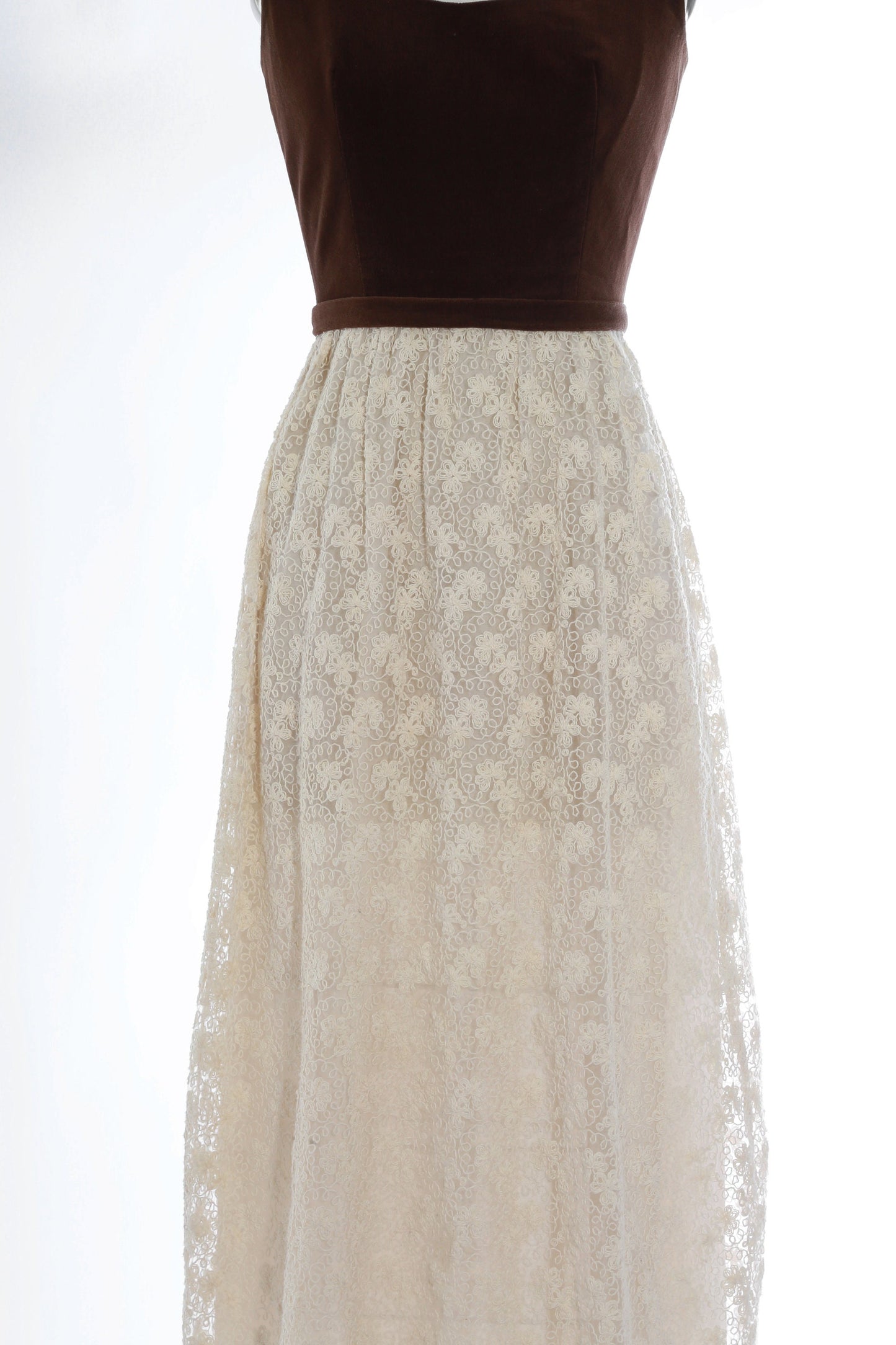 Lanz floral dress | vintage 70s brown velvet embroidered maxi dress | 1970s cream floral maxi dress