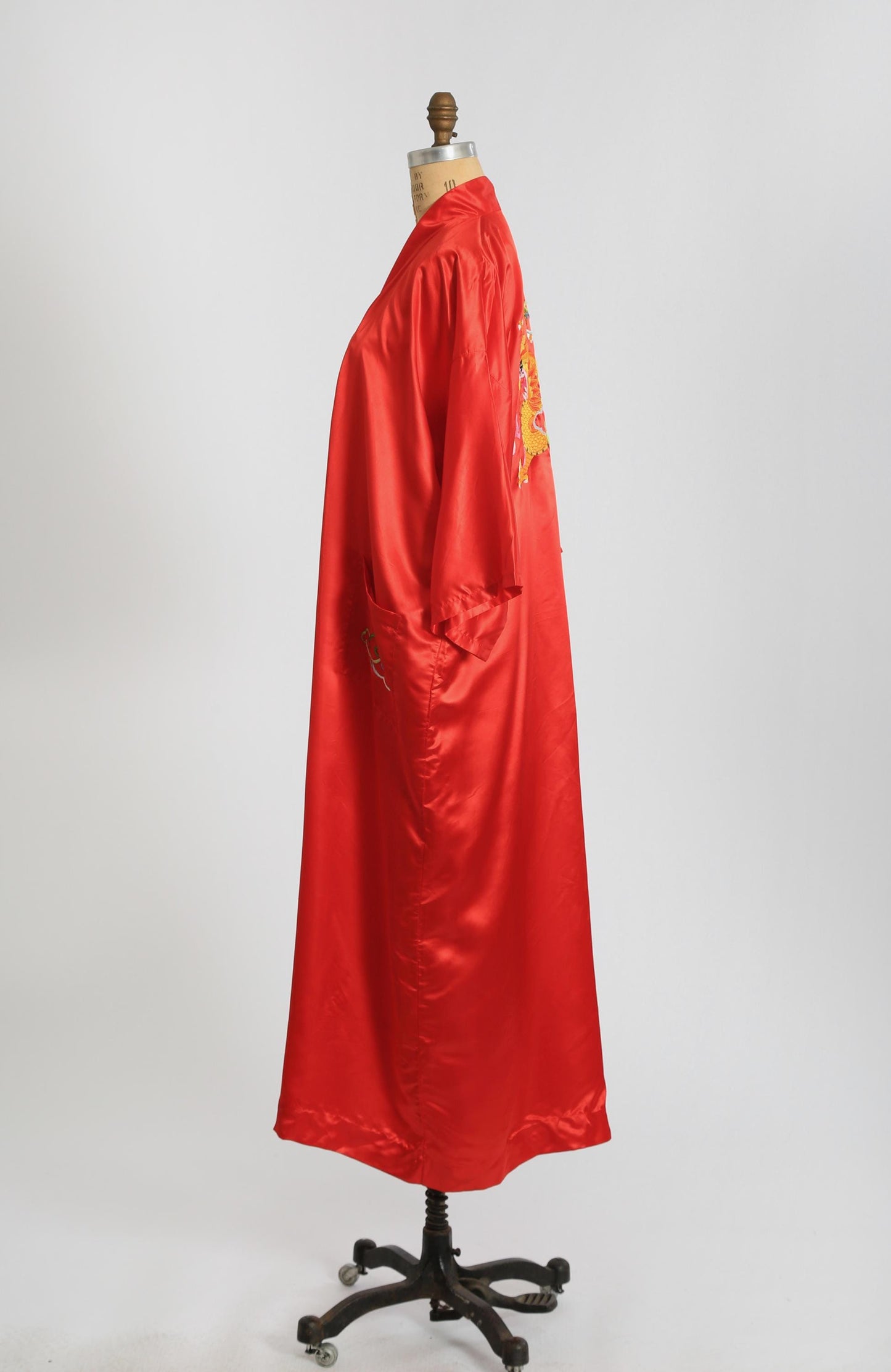 Golden Bee silk robe | Vintage Chinese hand embroidered Red purse silk dragon robe