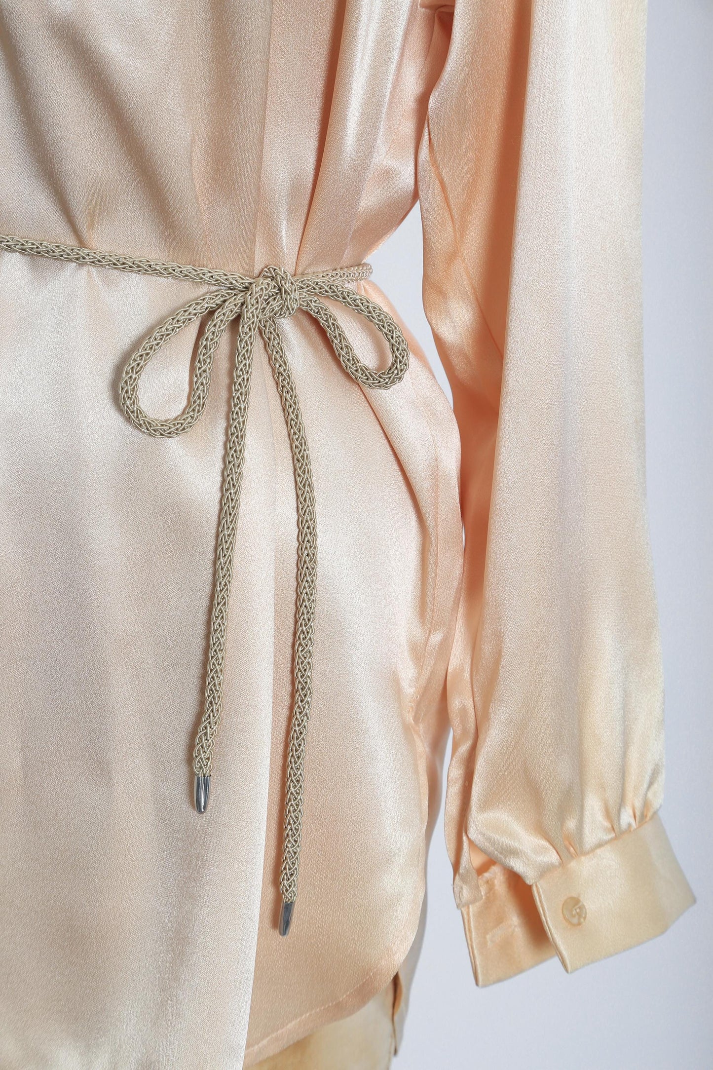 70s Fritzi belted Tuxedo blouse | Vintage 1970s Peach satin ruffle tuxedo top