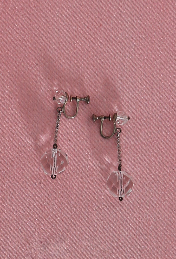 Vintage 1950s Rock crystal ball sterling silver screw back earrings