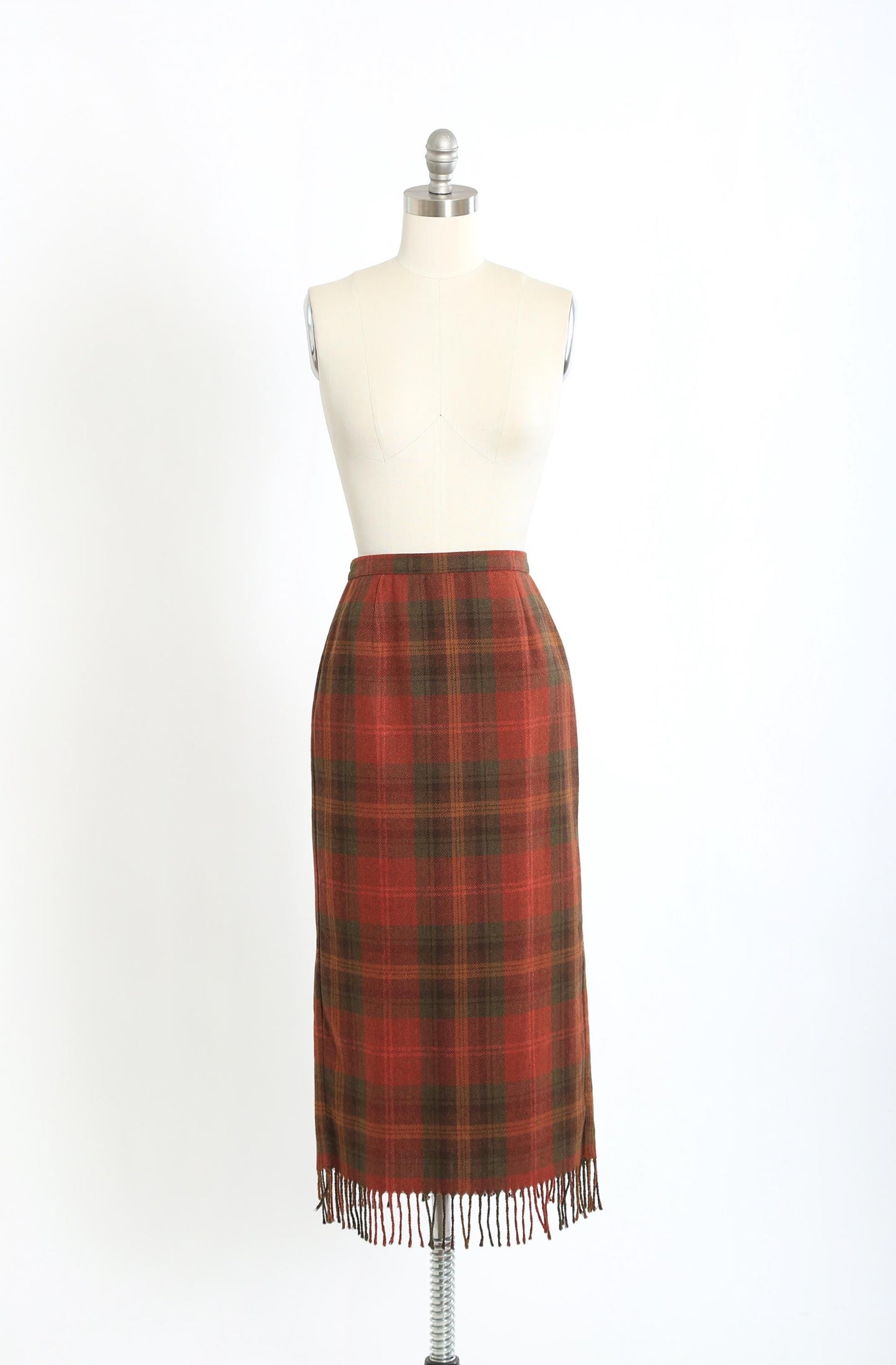 90s Orange houndstooth plaid fringe skirt
