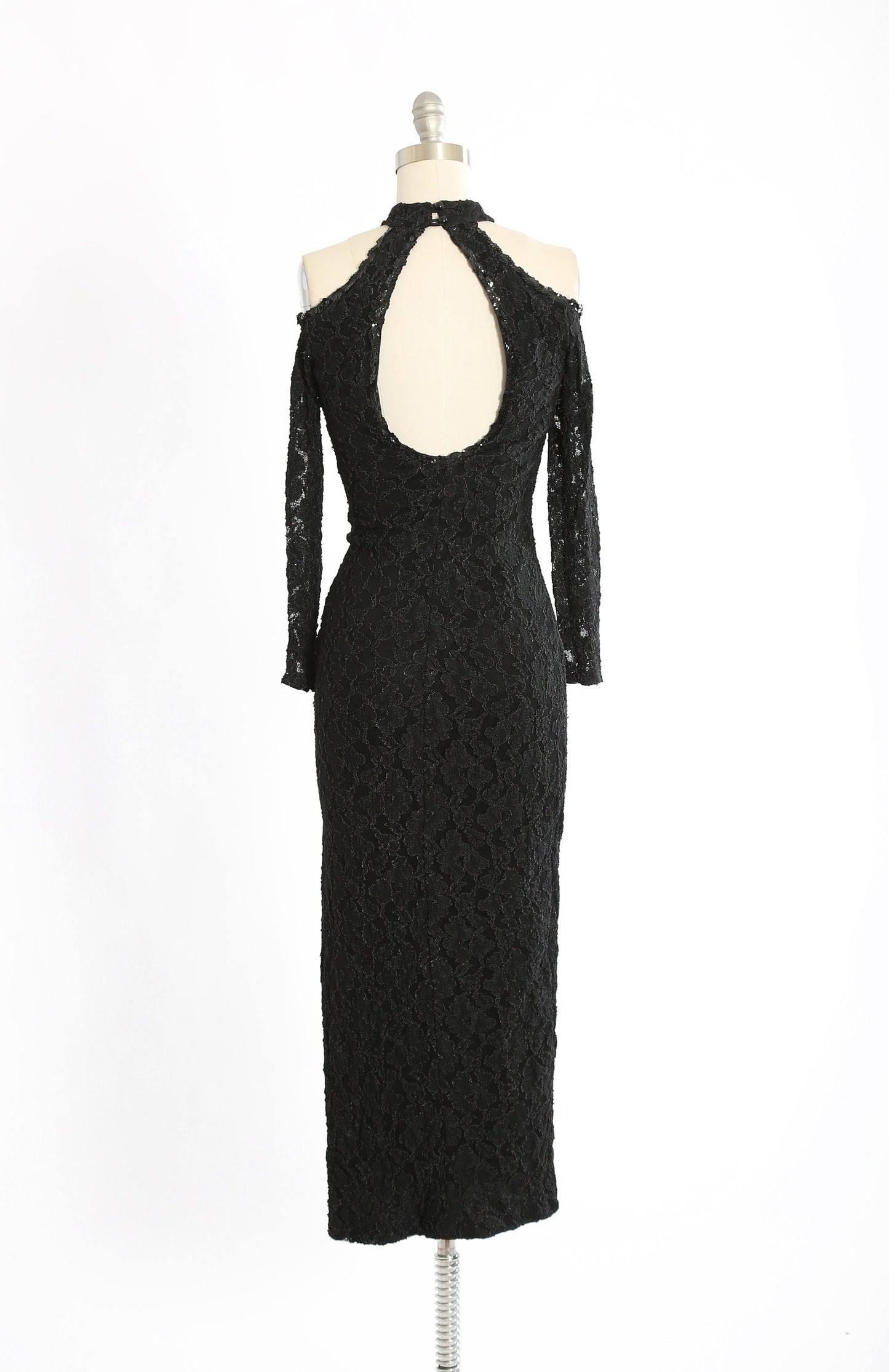 Vintage 80s black lace sequin bodycon maxi dress
