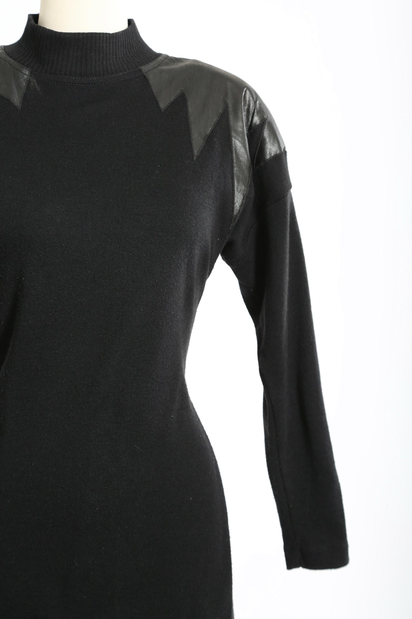 Vintage 80s black knit faux leather bodycon dress