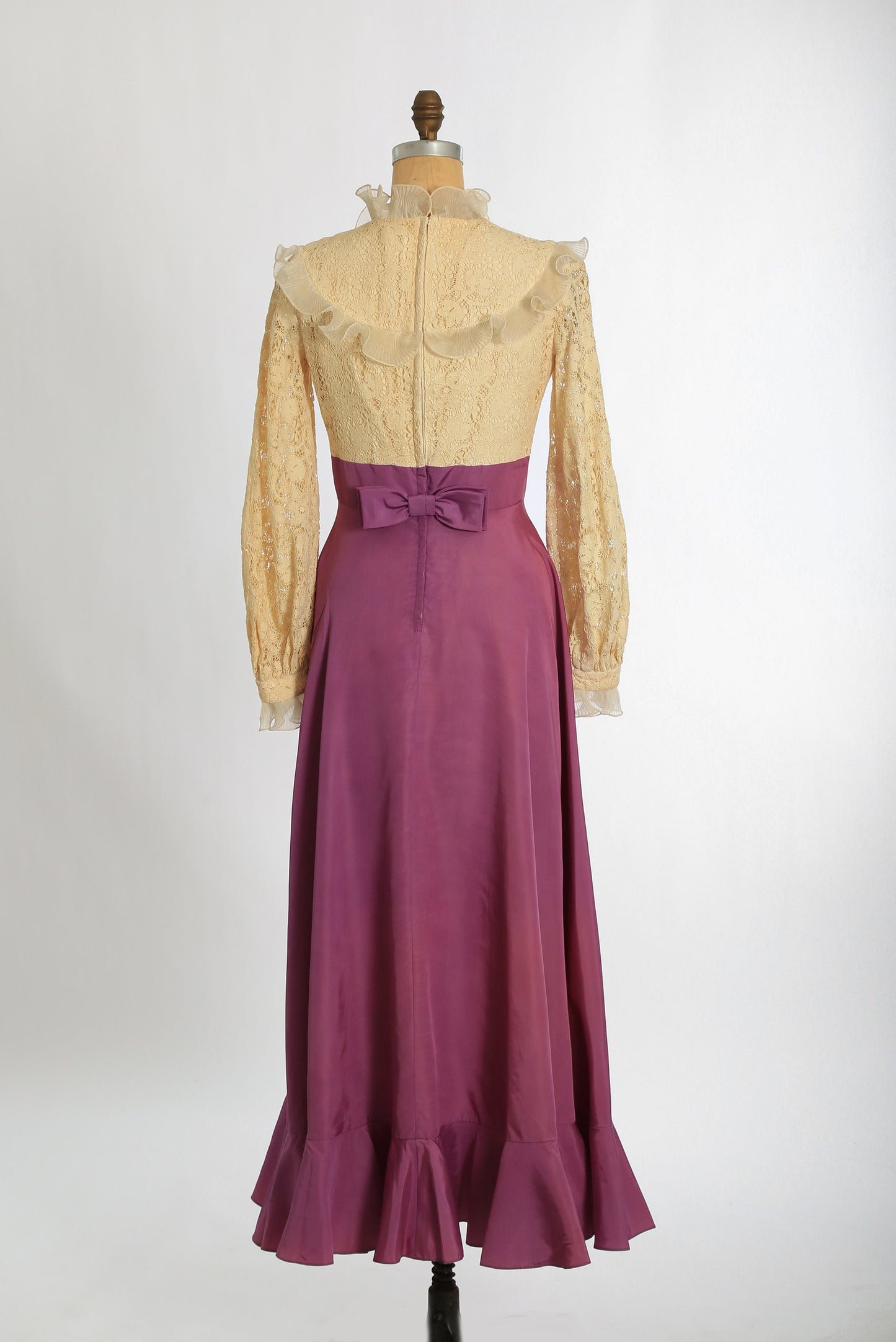 Vintage 70s ivory crochet lace purple ruffle Maxi dress
