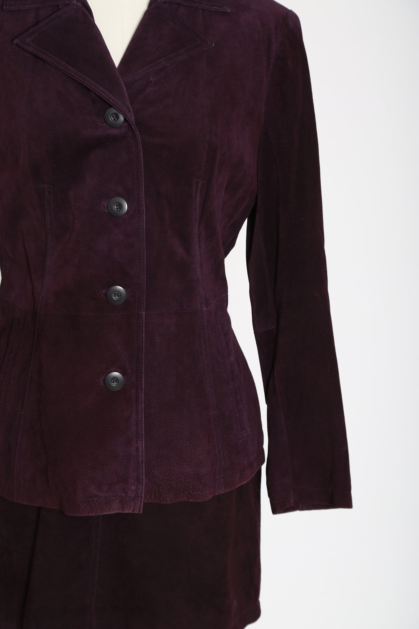 90s Wilsons purple leather suit | Vintage 1990s Wilsons deadstock suede leather jacket mini skirt