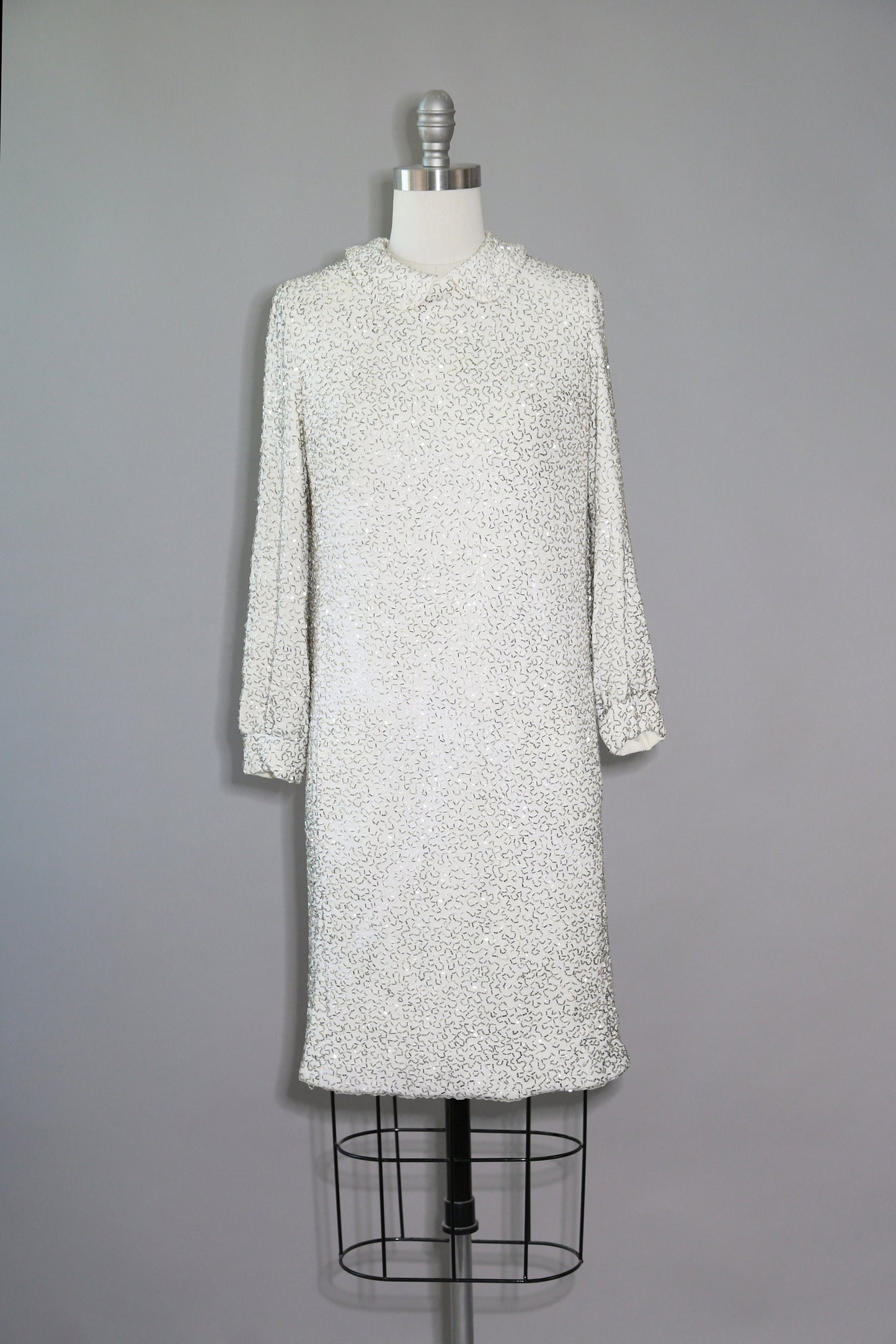 60s Couture beaded dress | Vintage 1960s Glam Heavily silver Beaded white Mod Couture Dress