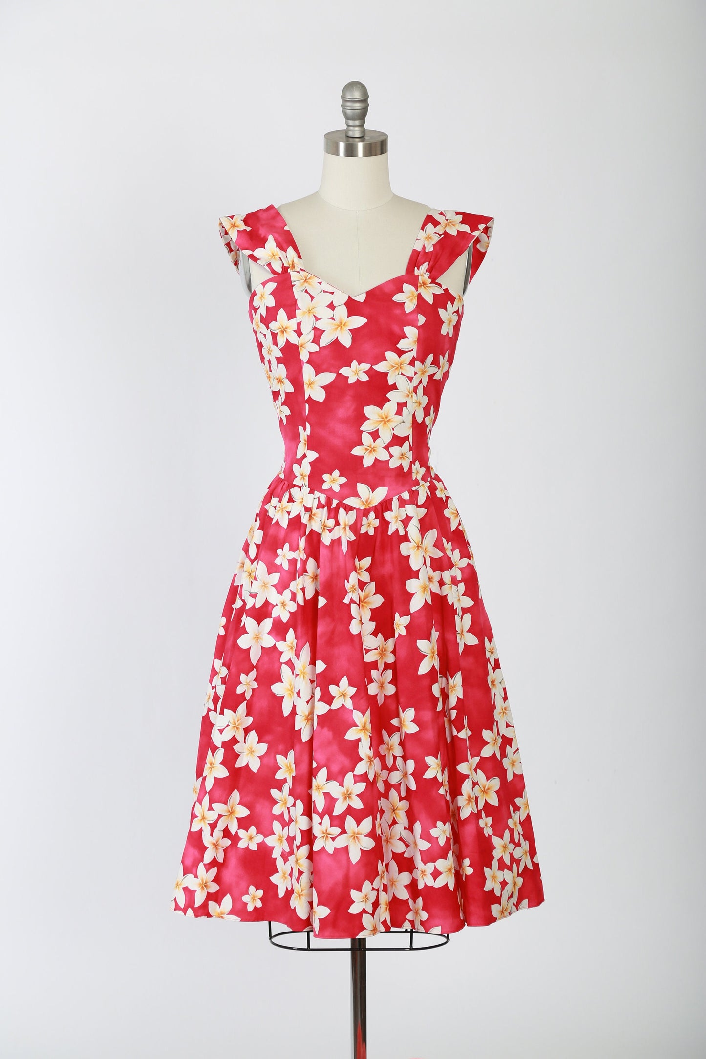 Hawaiian dress | Vintage 90s 50s pink tropical floral Plumeria fit and flare cotton dress