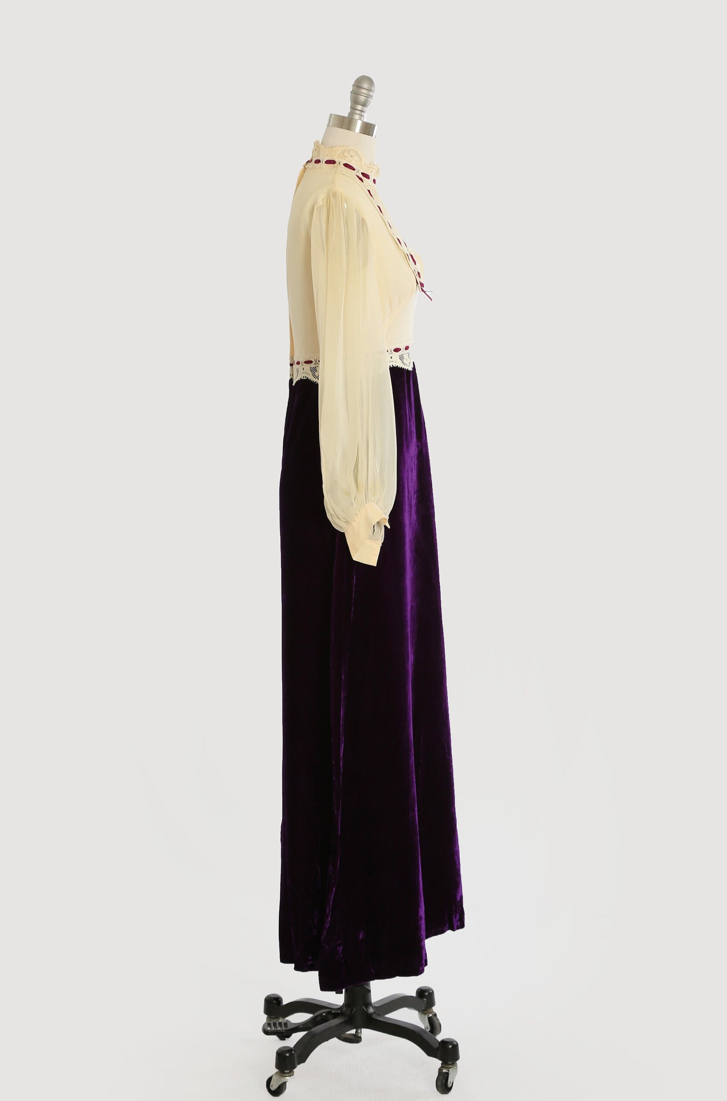 Vintage 70s ivory silk crochet boho purple velvet Maxi dress