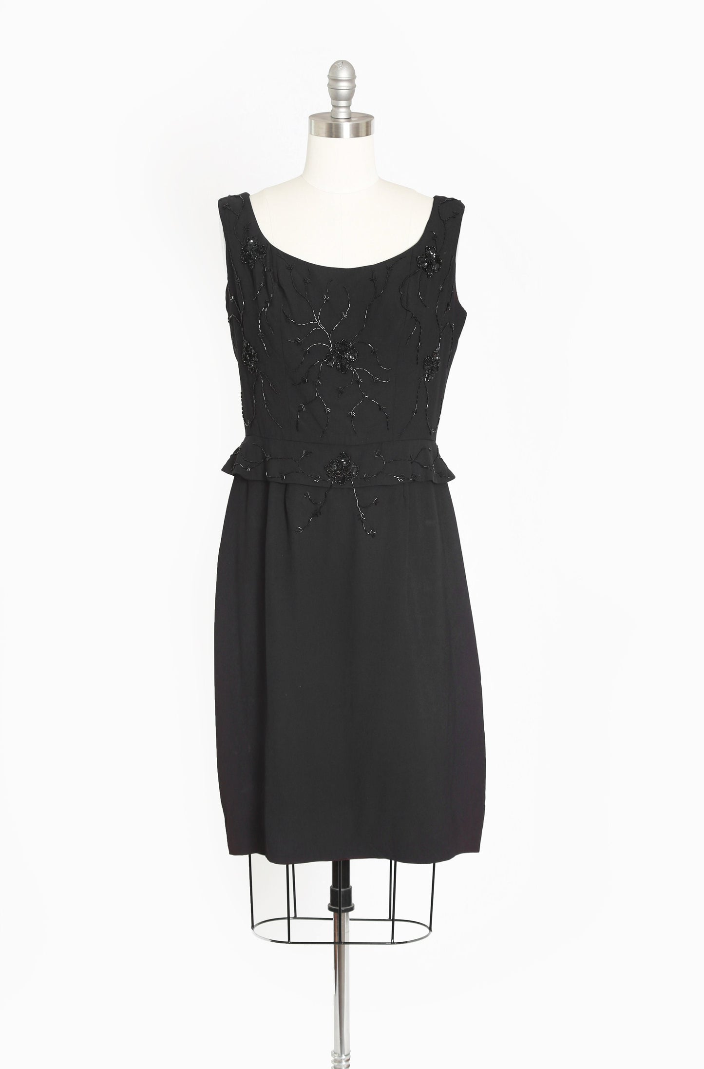 I. MAGNIN beaded dress | Vintage 60s black wool hand beaded sequin floral dress | 1960s cocktail dress
