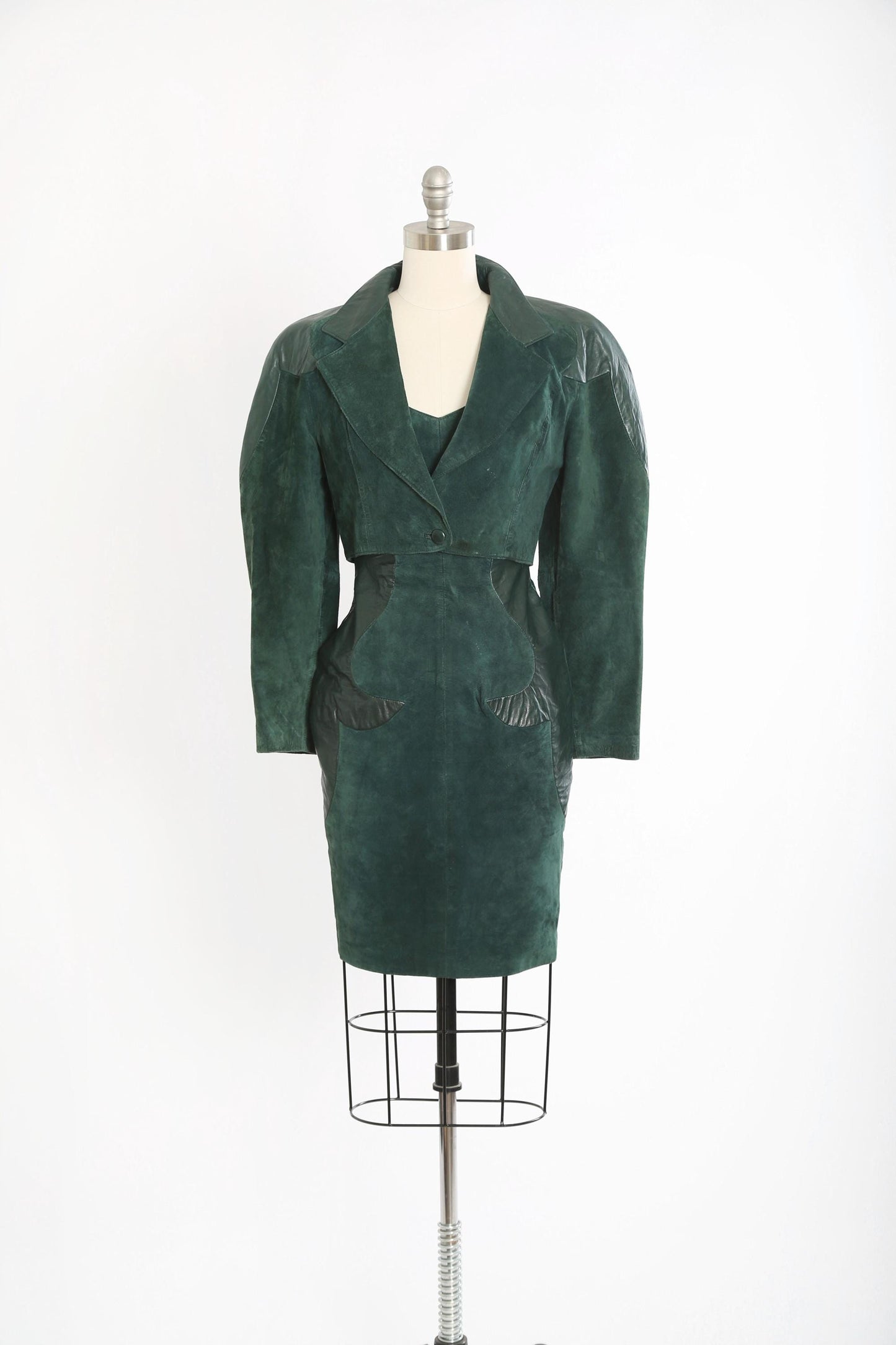 Vintage Micheal Hoban North Beach green leather mini dress + cropped jacket