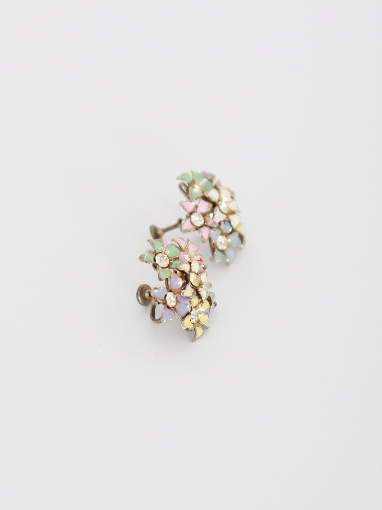 60s pastel rhinestone floral screw back earrings