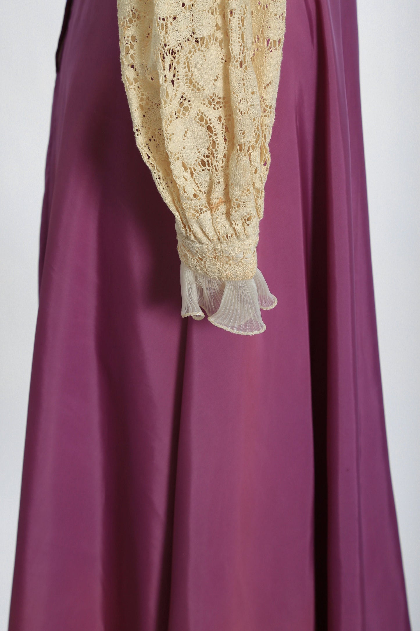 Vintage 70s ivory crochet lace purple ruffle Maxi dress